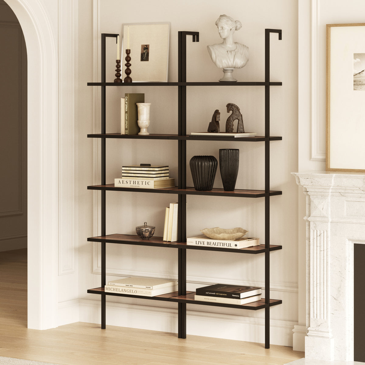 5-Shelf Bookshelf Walnut Matte Black (Set of 2) - Nathan James
