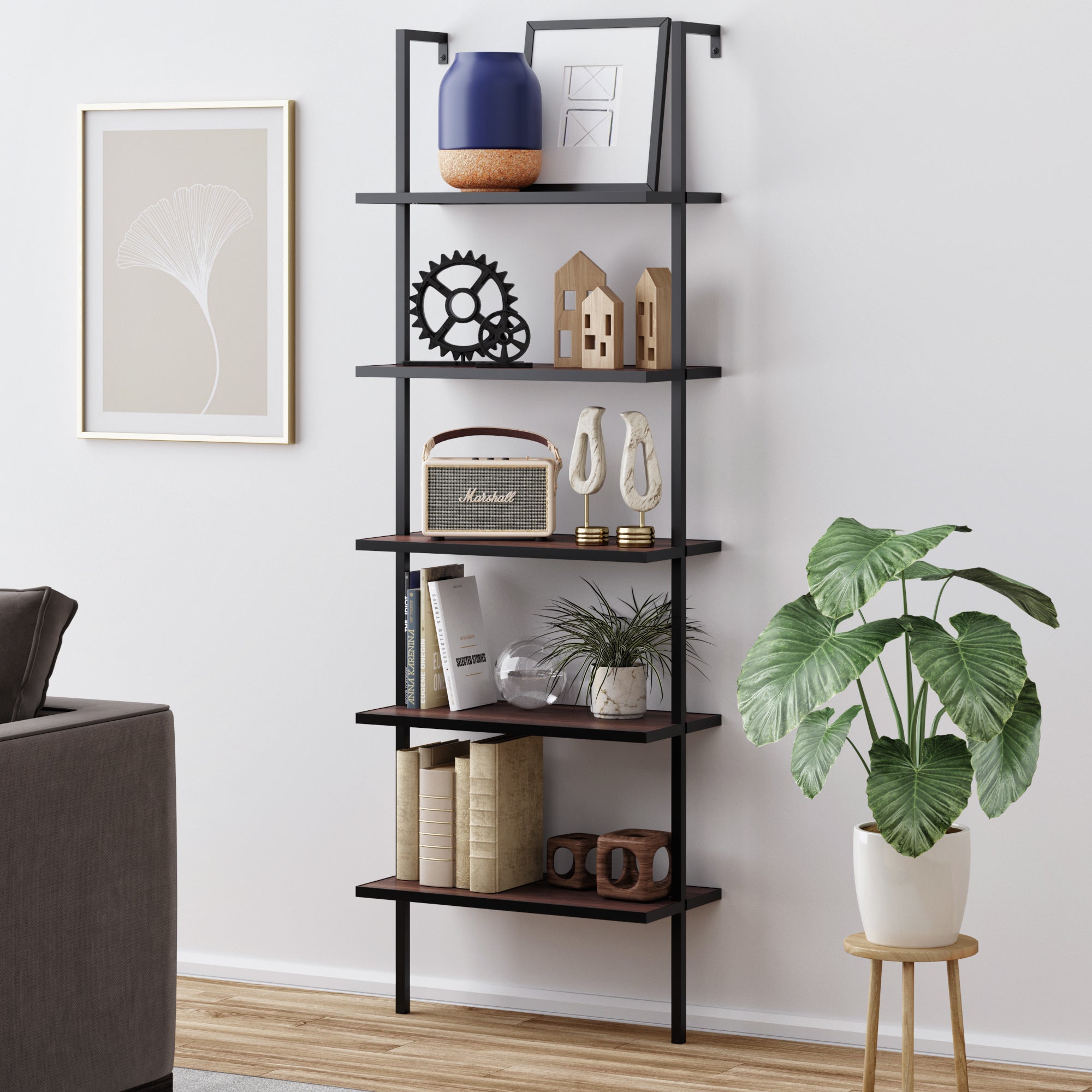 5 - Shelf Ladder Bookshelf Walnut Matte Black - Nathan James