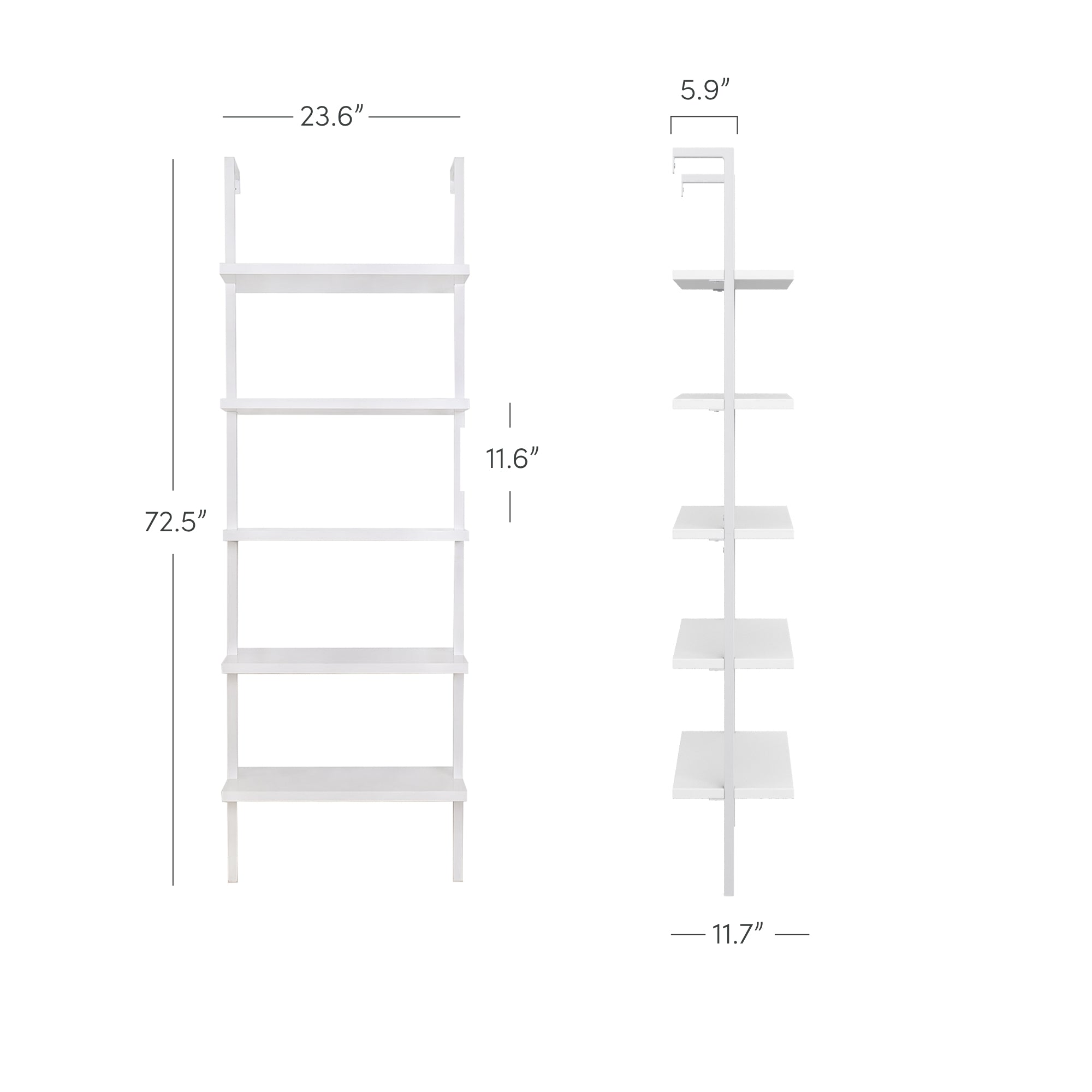 White five-tier wall-mounted shelf with measurements: 72.5 inches tall, 23.6 inches wide, 11.7 inches deep, and 5.9 inches shelf depth. The distance between shelves is 11.6 inches. Front and side views shown.