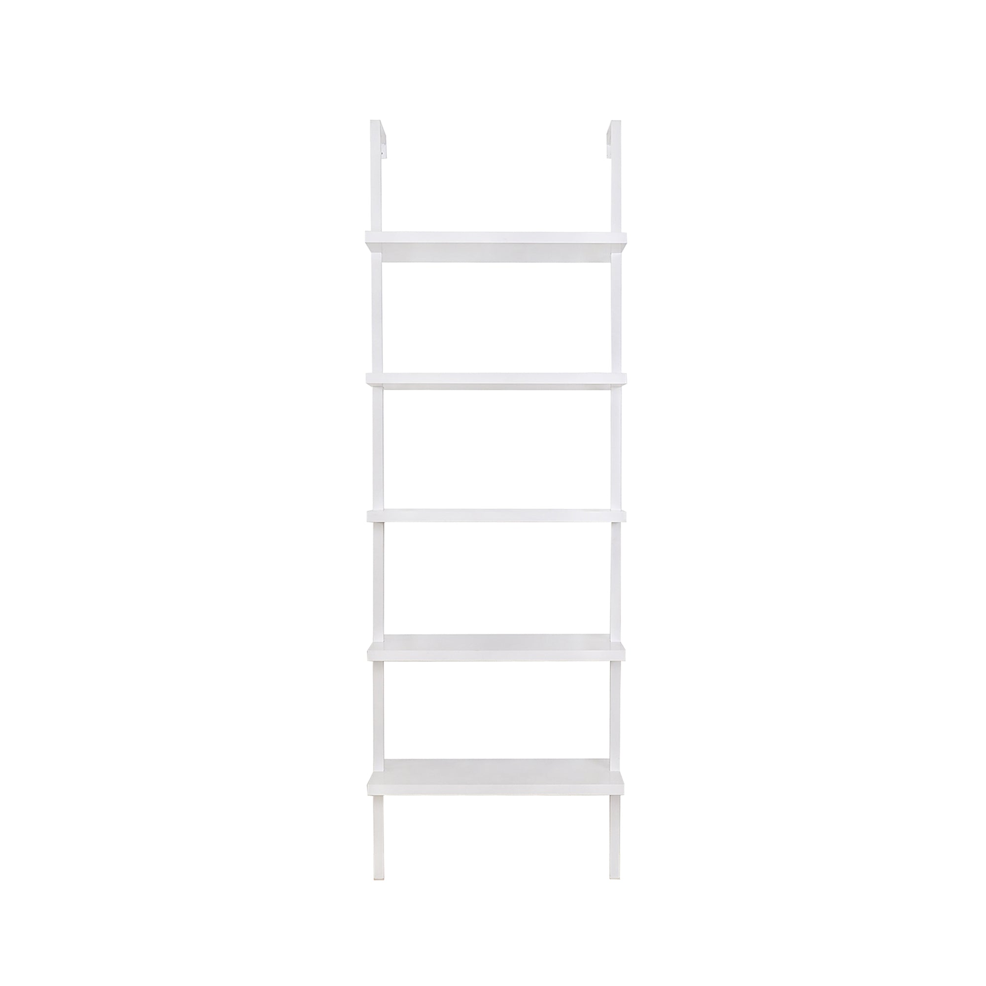 A white, five-tier ladder-style bookshelf with open shelves, standing upright against a plain white background.