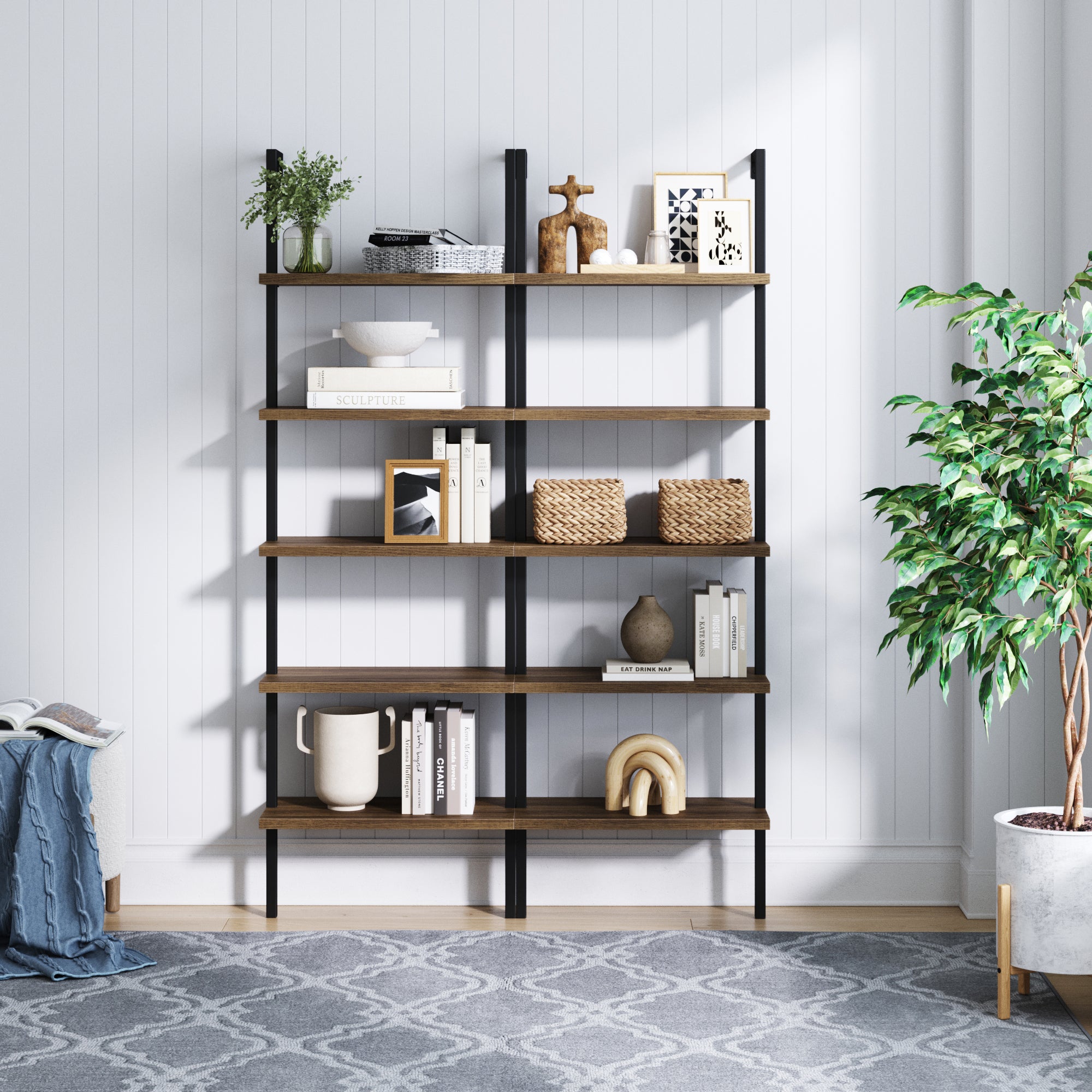 5 - Shelf Ladder Bookshelf Oak Matte Black (Set of 2) - Nathan James