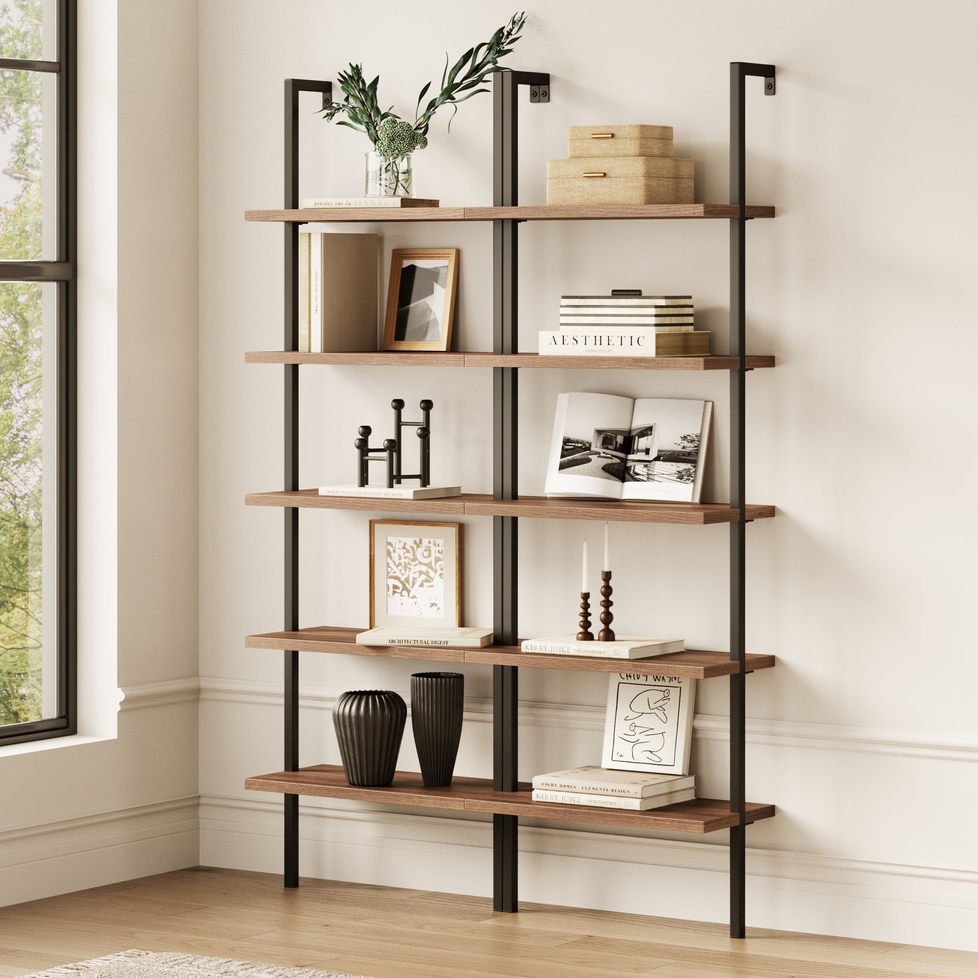5-Shelf Ladder Bookshelf Oak Matte Black (Set of 2) - Nathan James