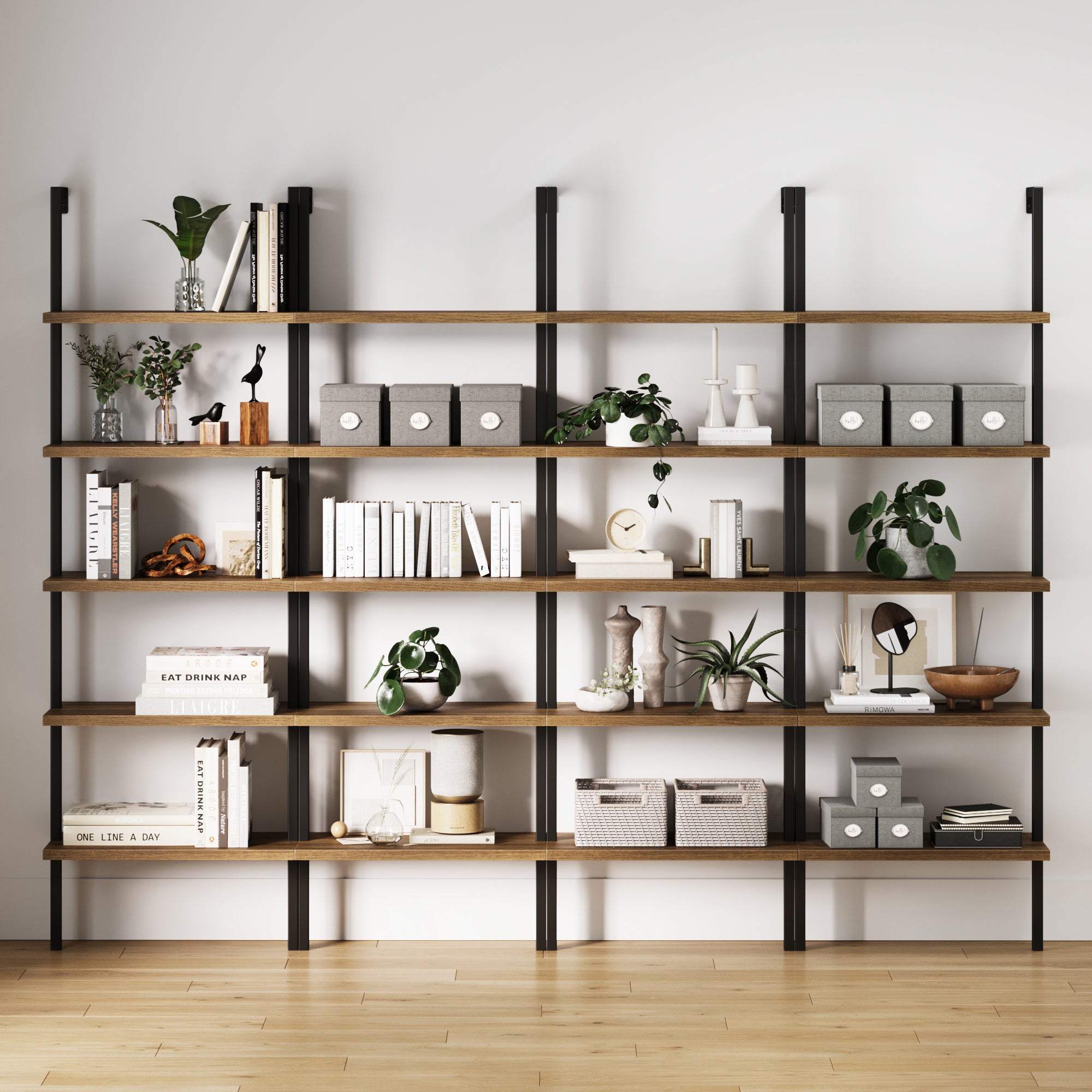 5 - Shelf Ladder Bookshelf Oak Matte Black (Set of 4) - Nathan James