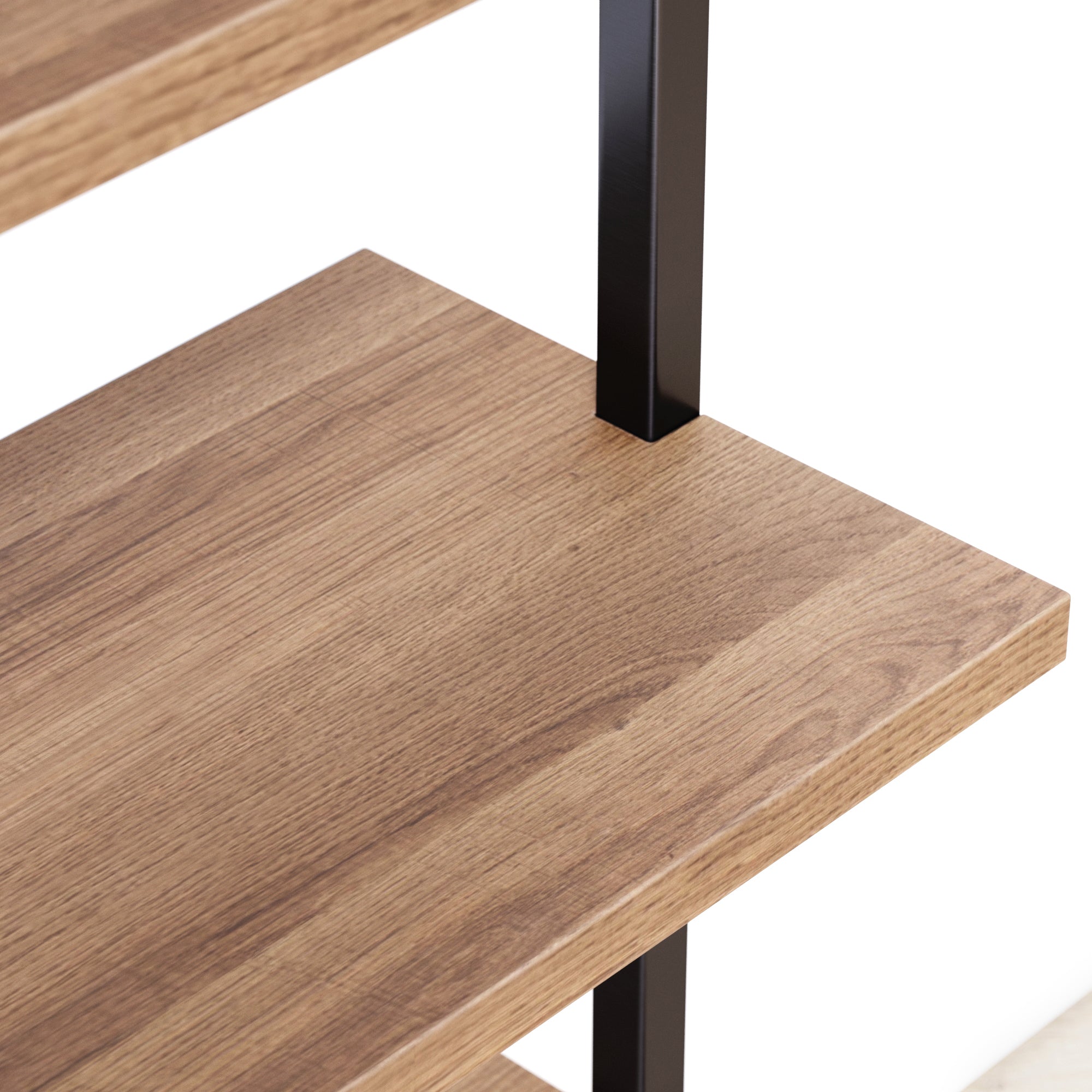 A close-up of a wooden shelf with a natural finish, supported by a vertical black metal frame, set against a plain white background.