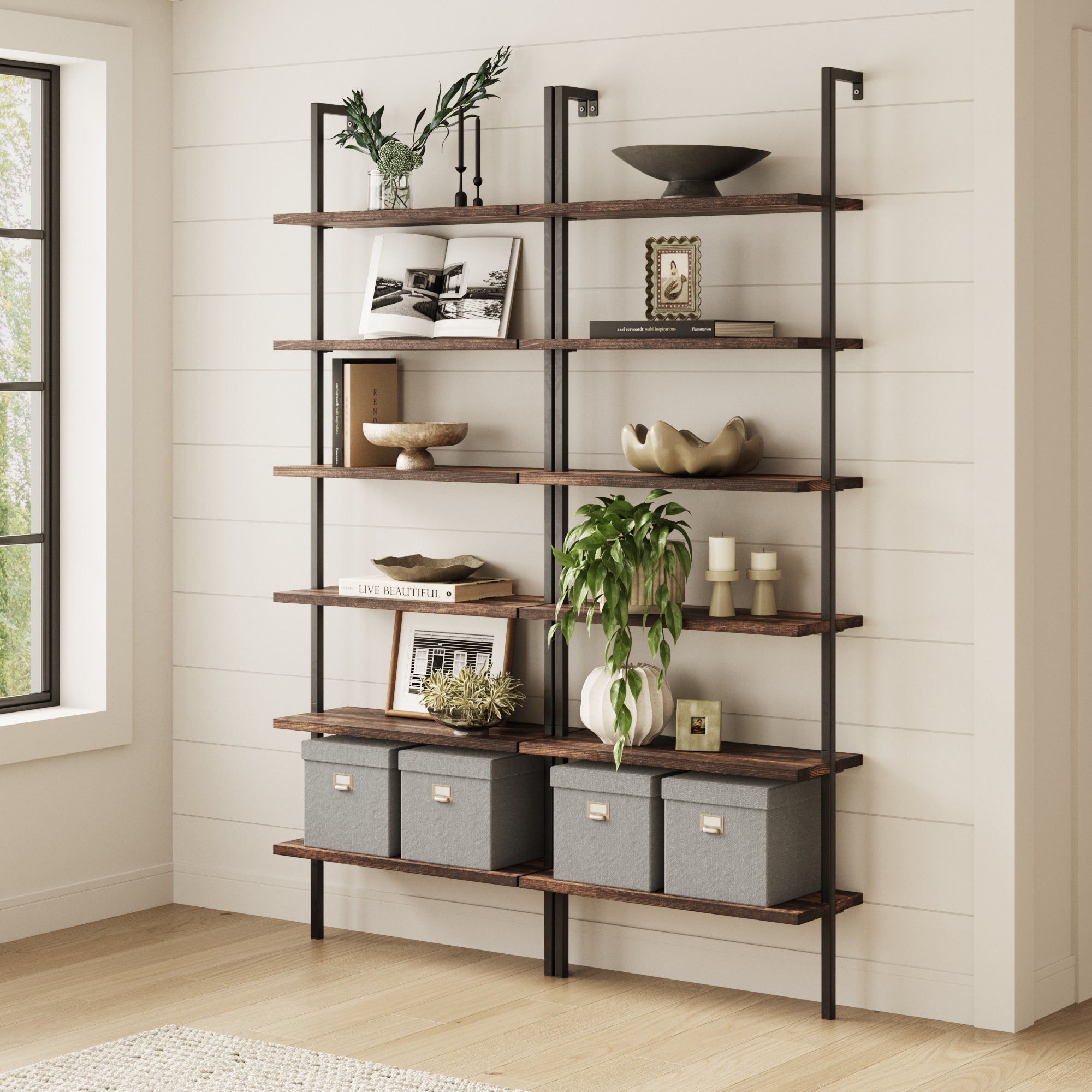 6-Shelf Bookcase Nutmeg Matte Black (Set of 2) - Nathan James