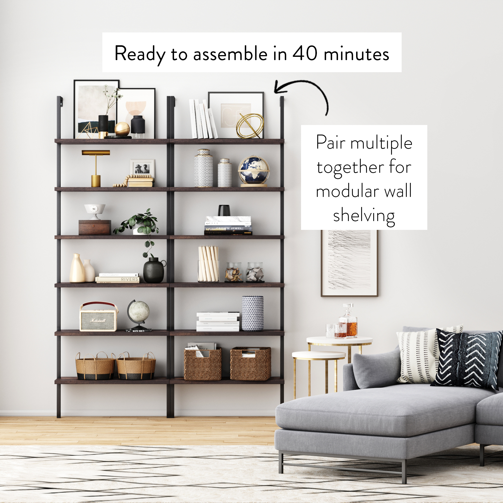 A modern living room with a sectional sofa and a large wall-mounted, dark wood modular shelving unit decorated with books, baskets, art, and decor. Text highlights easy 40-minute assembly and modular design.