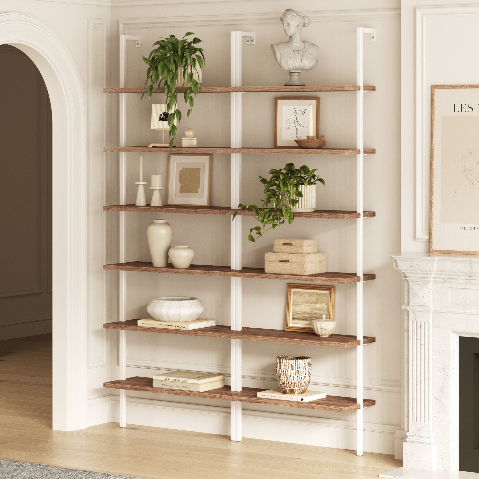 6-Shelf Bookcase Oak Matte White (Set of 2) - Nathan James
