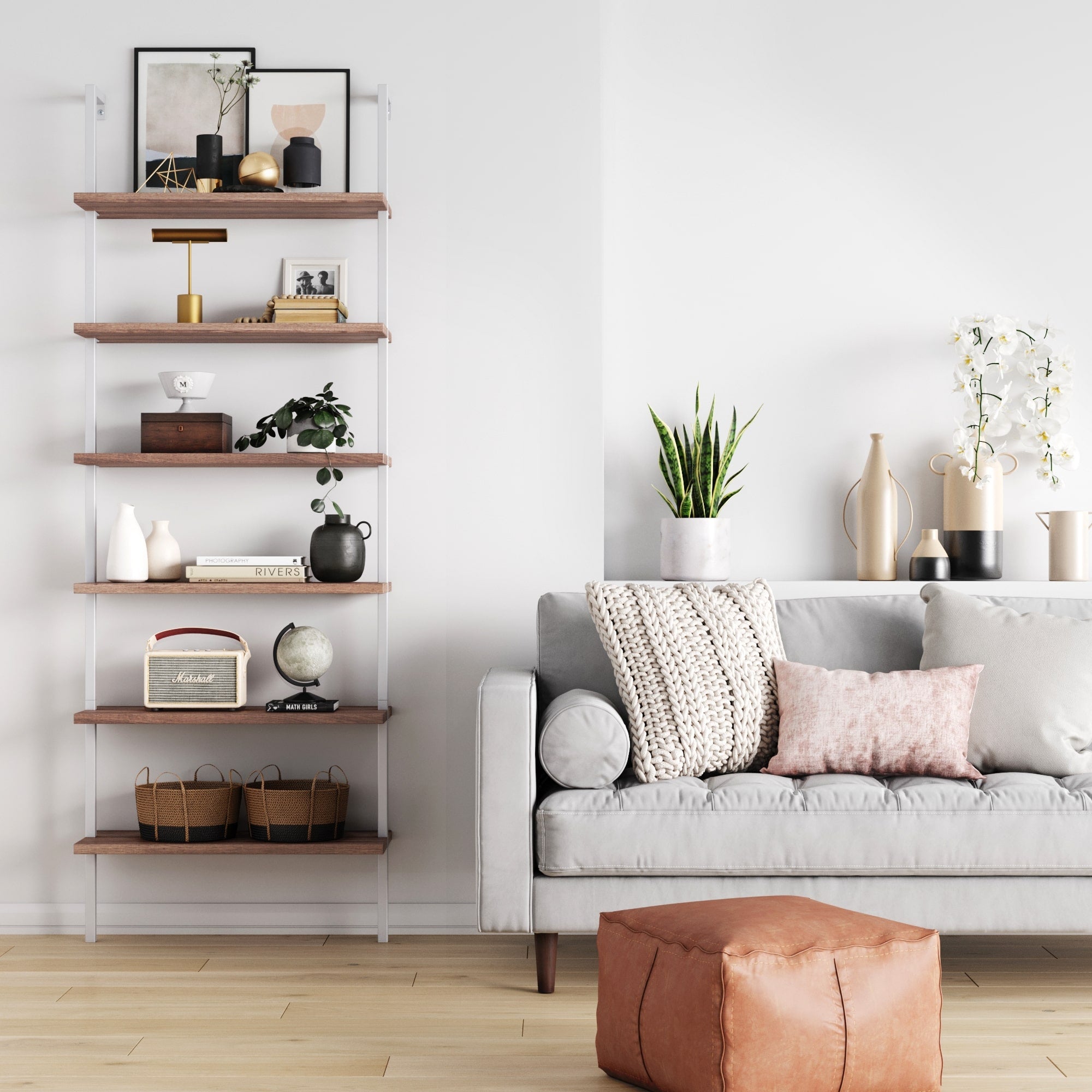 6 - Shelf Ladder Bookshelf Oak Matte White - Nathan James