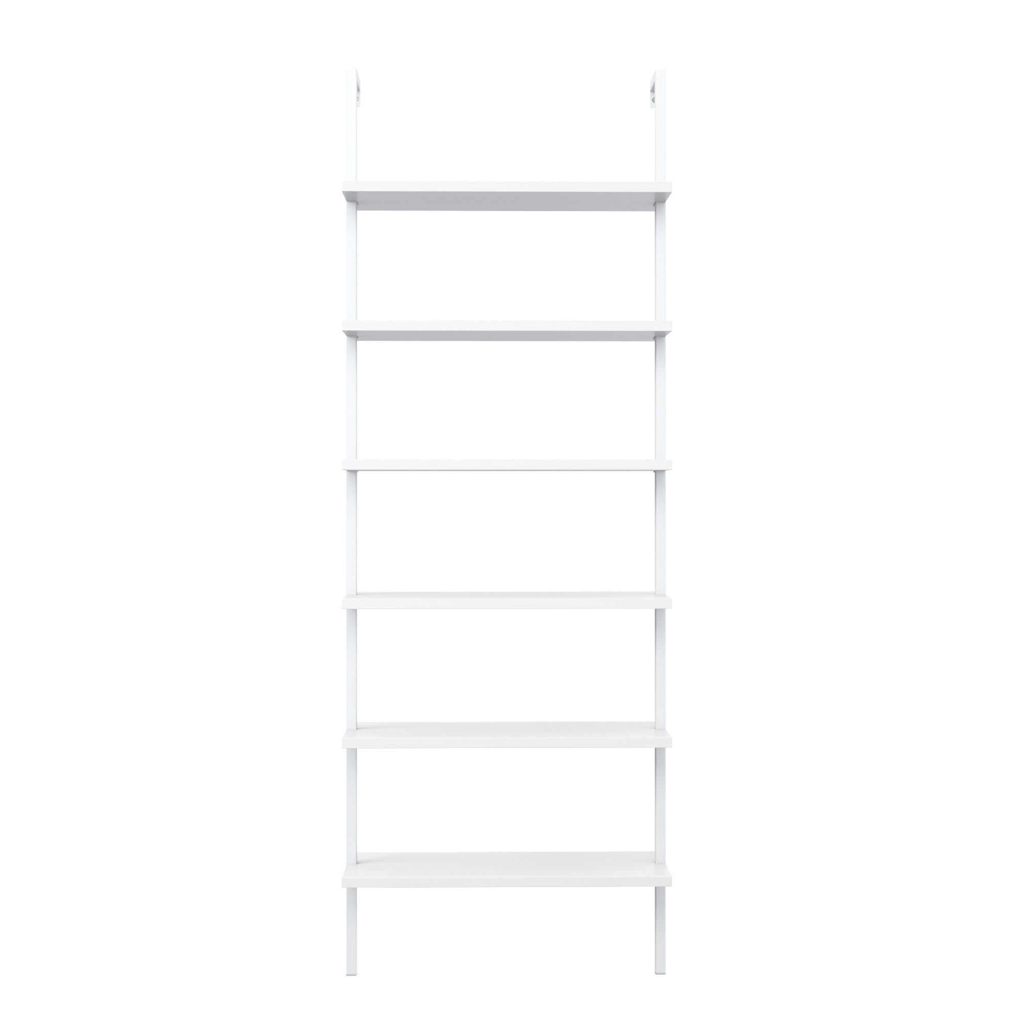 A white, minimalist ladder-style bookshelf with five shelves, viewed from the front against a plain white background.