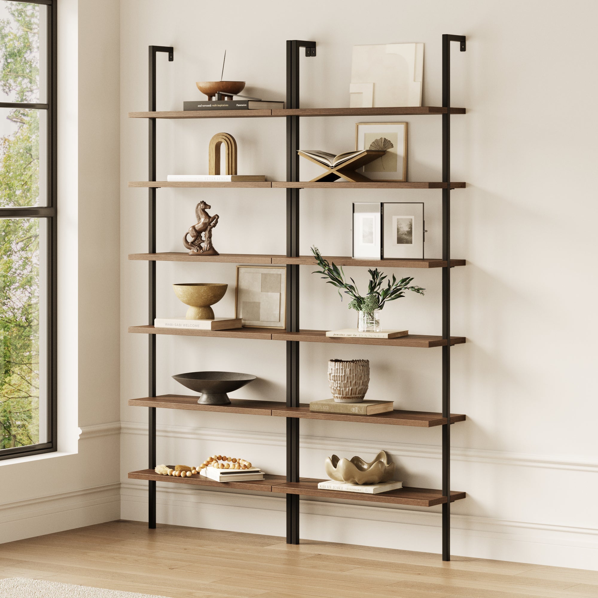 6-Shelf Bookcase Oak Matte Black (Set of 2) - Nathan James