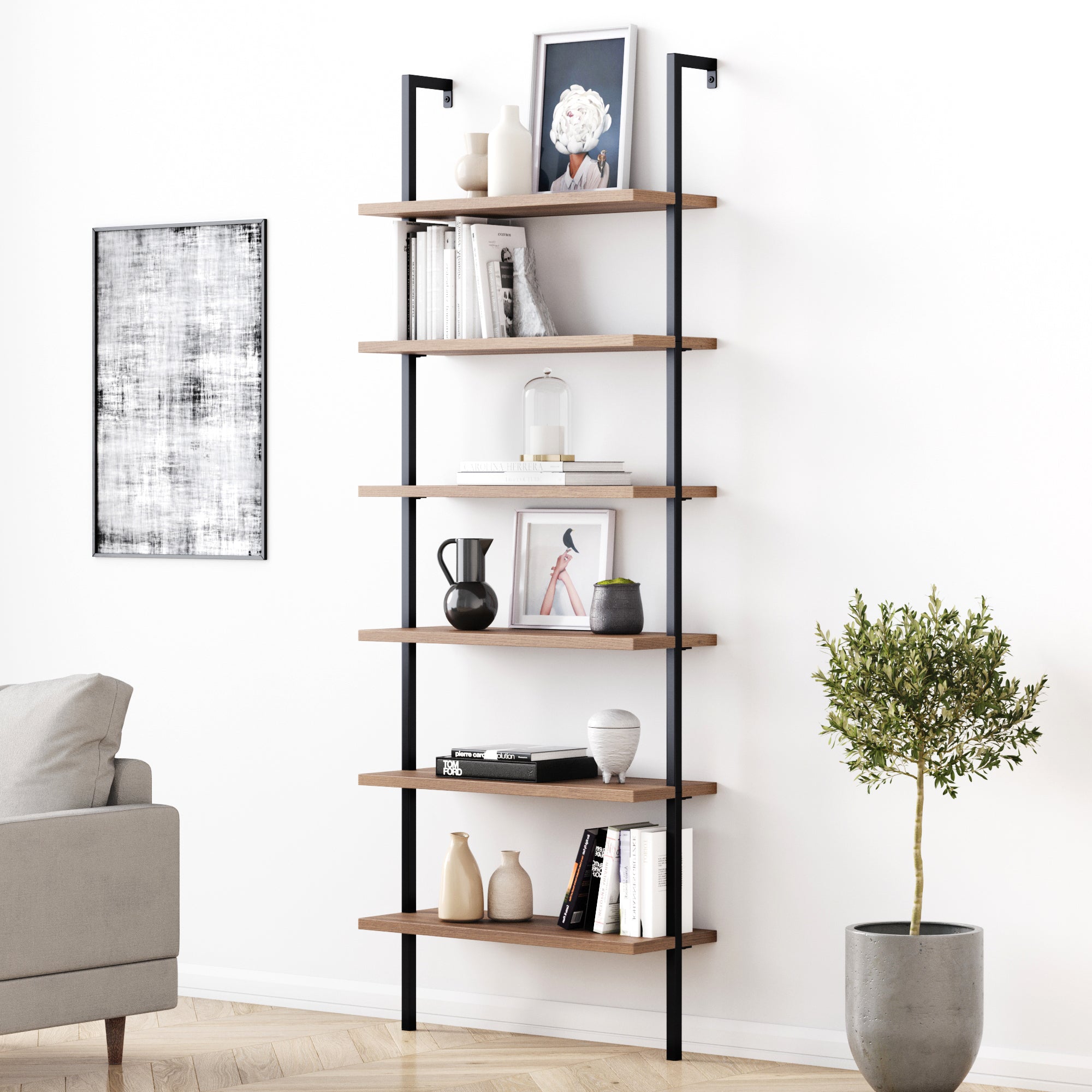 6 - Shelf Ladder Bookshelf Oak Matte Black - Nathan James