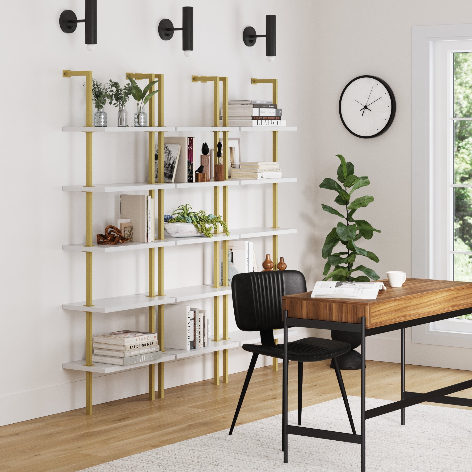 5 - Shelf Ladder Wall Bookshelves White Gold (Set of 3) - Nathan James
