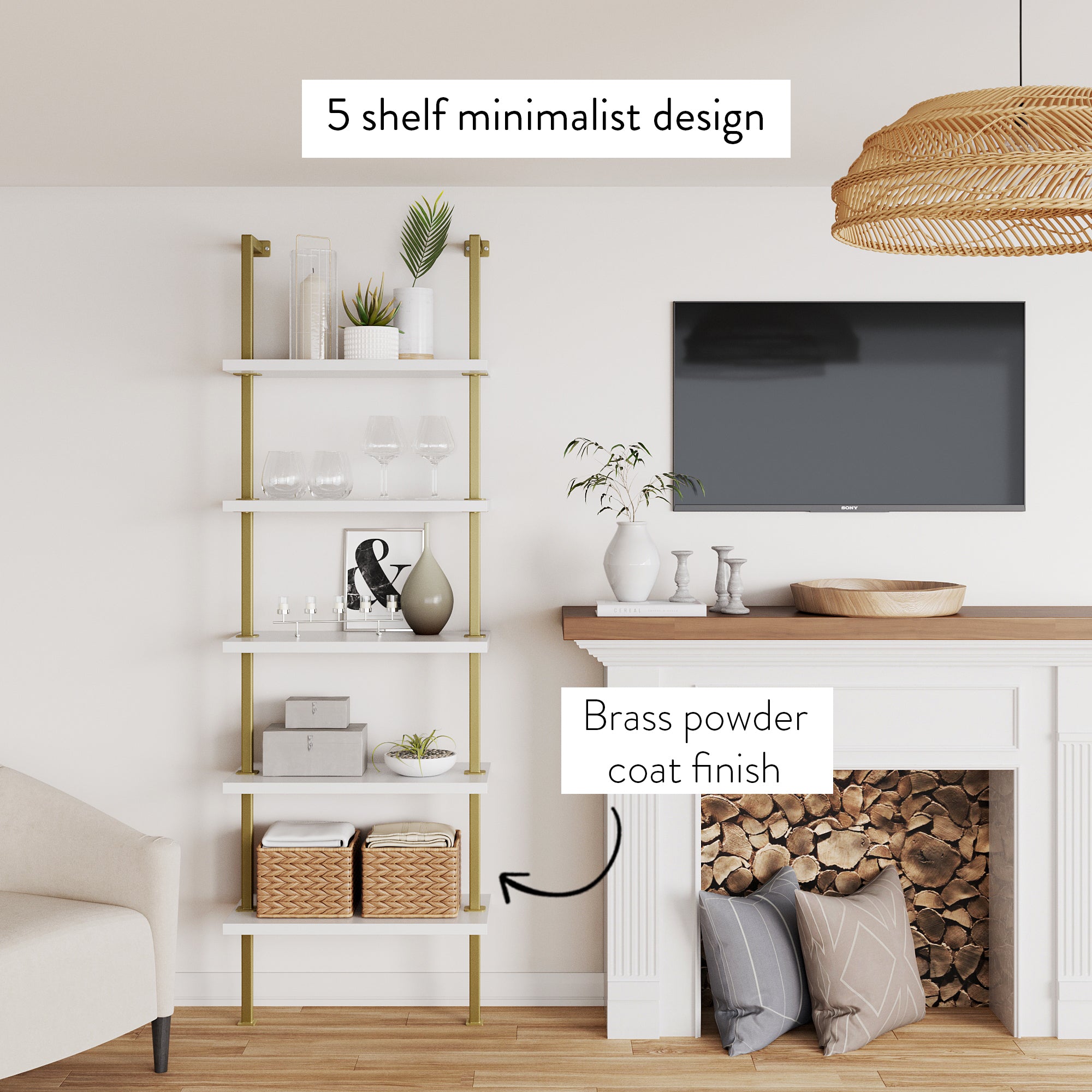 A living room with a white 5-shelf minimalist unit featuring a brass powder coat finish, placed next to a fireplace. The shelves hold decor items, books, baskets, and glassware. Logs are stacked inside the fireplace.