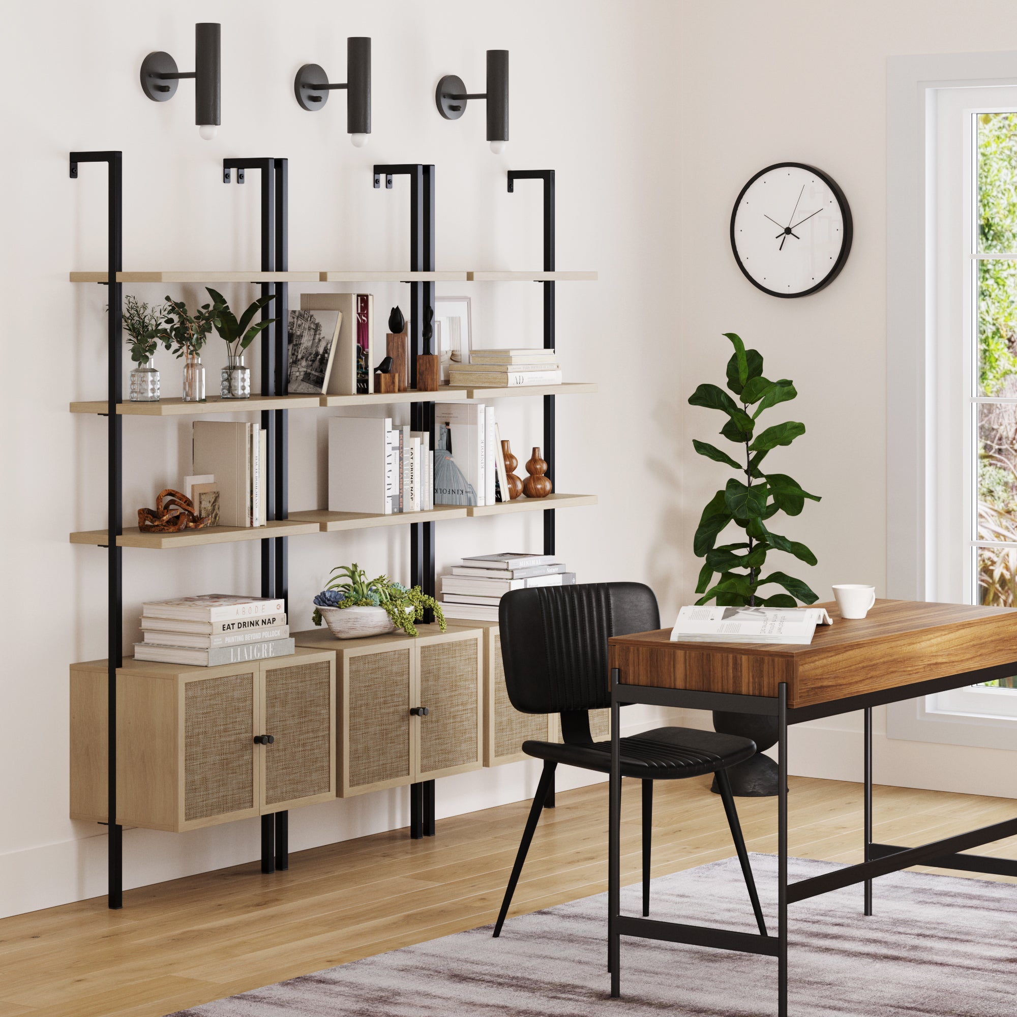 Rattan Ladder Wall Bookshelves with Doors Light Oak (Set of 3) - Nathan James