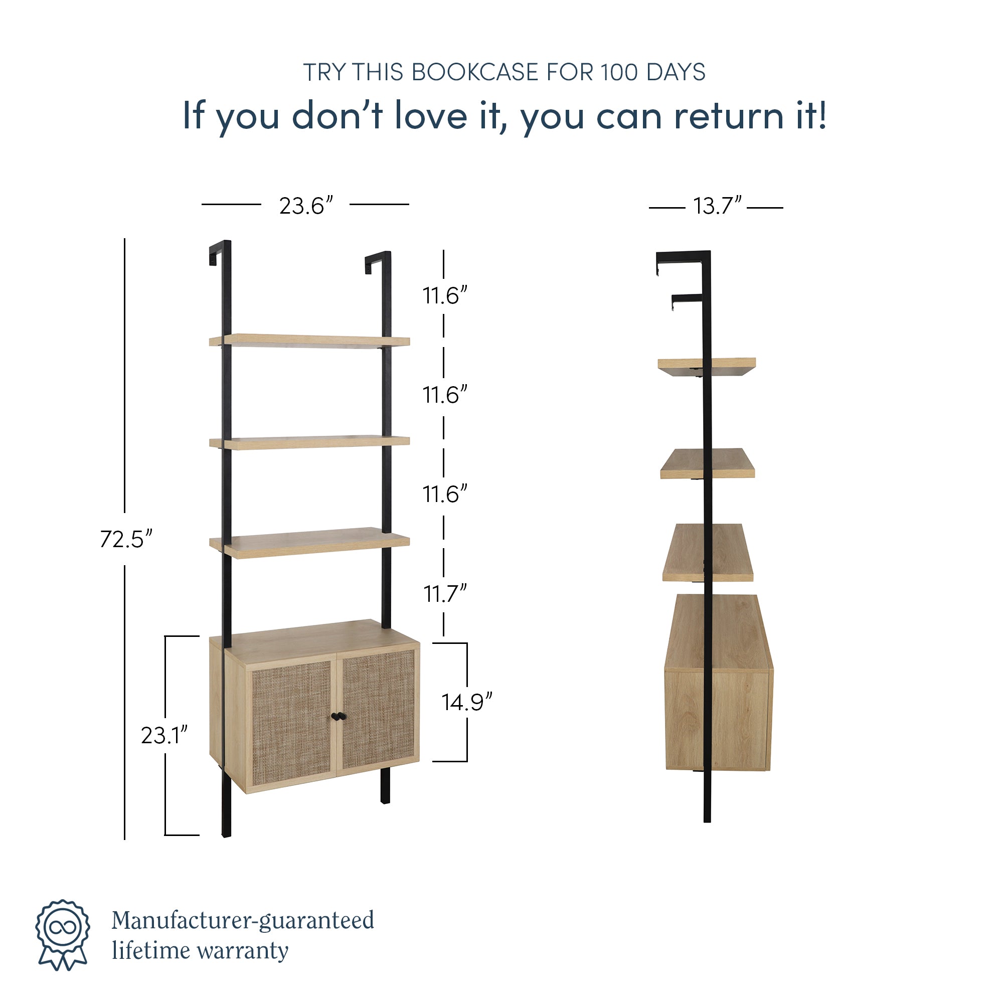 Modern bookcase with four open wooden shelves and a two-door cabinet at the bottom, shown with measurements; height 72.5, shelf widths 23.1, and shelf depth 13.7. Text states a 100-day return policy and lifetime warranty.