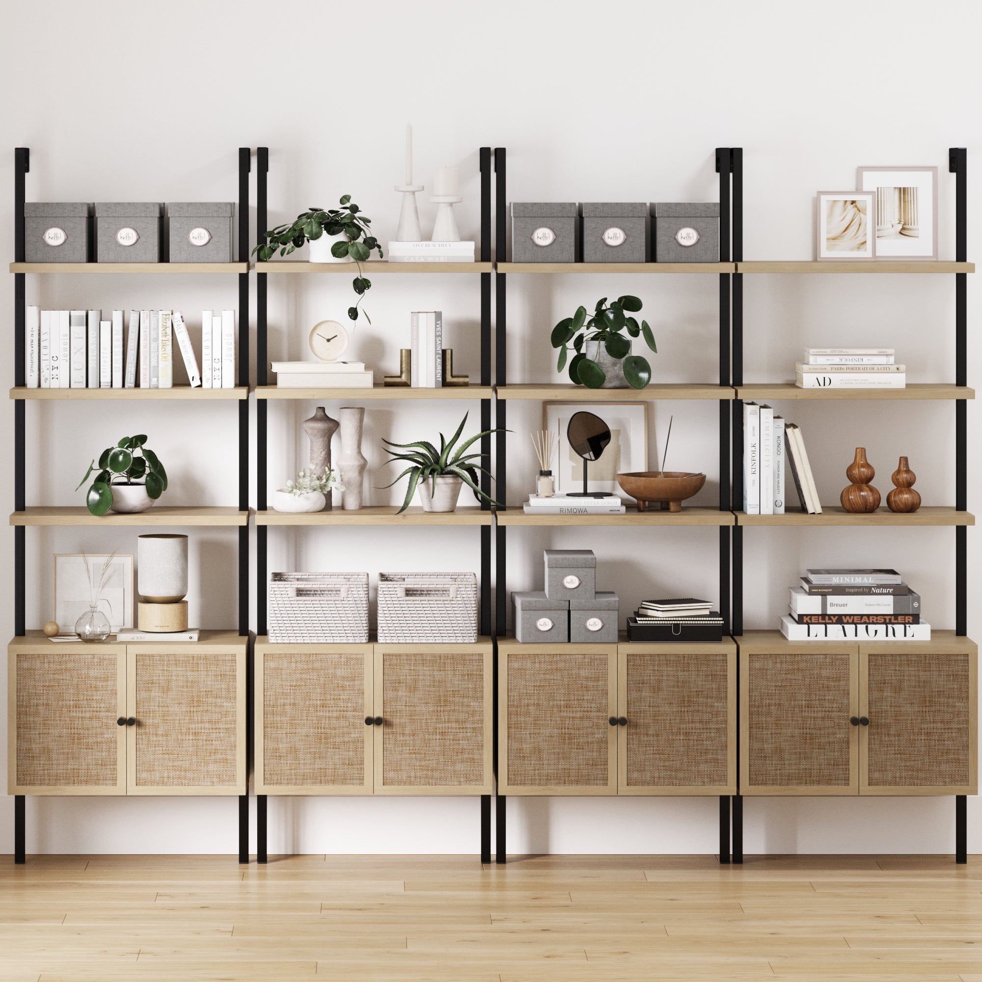 Rattan Ladder Wall Bookshelves with Doors Light Oak (Set of 4) - Nathan James