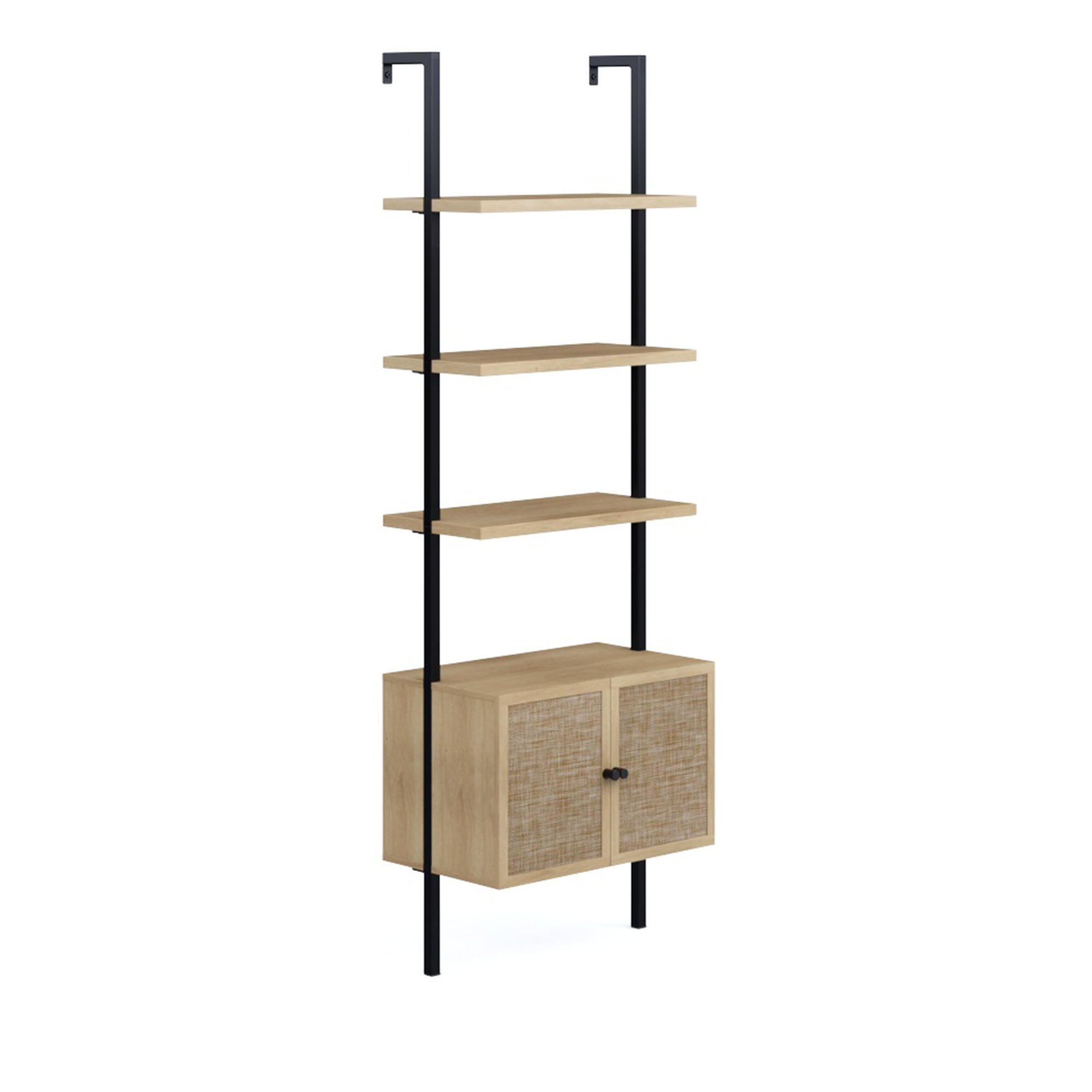 A modern shelving unit with black metal supports, three wooden open shelves, and a wooden cabinet with two doors at the bottom, featuring a wicker-style front design.