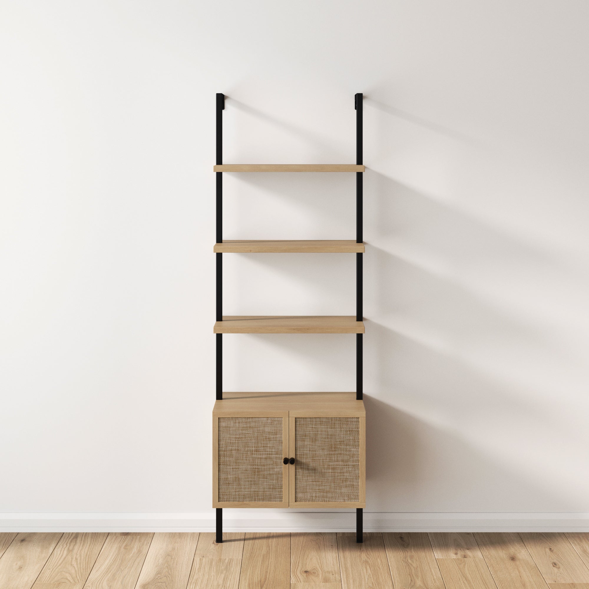 A minimalist wooden shelving unit with black metal supports, featuring four open shelves and a small cabinet with double doors at the bottom, standing against a plain white wall on a wooden floor.