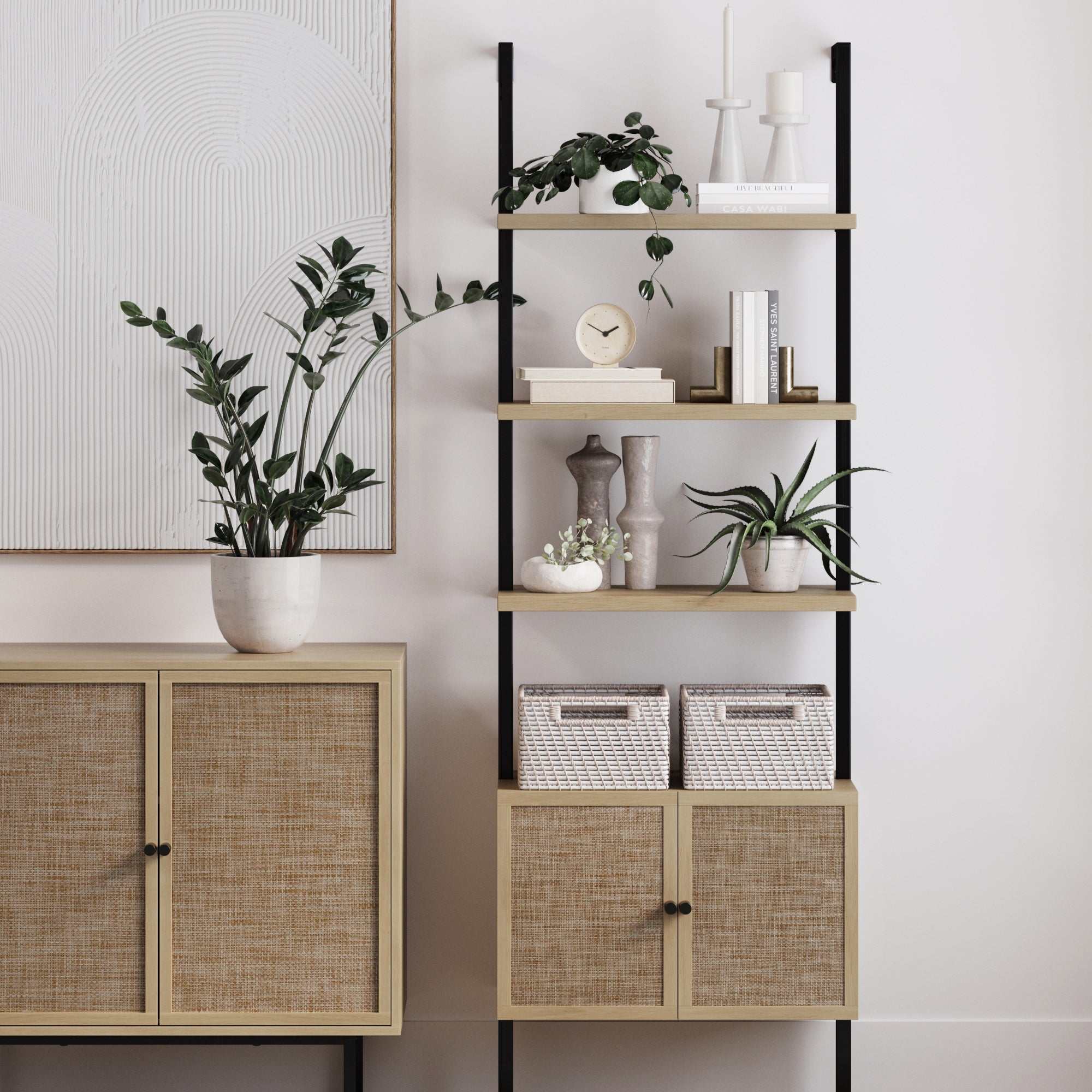 Rattan Ladder Storage Bookshelf with Doors Light Oak - Nathan James