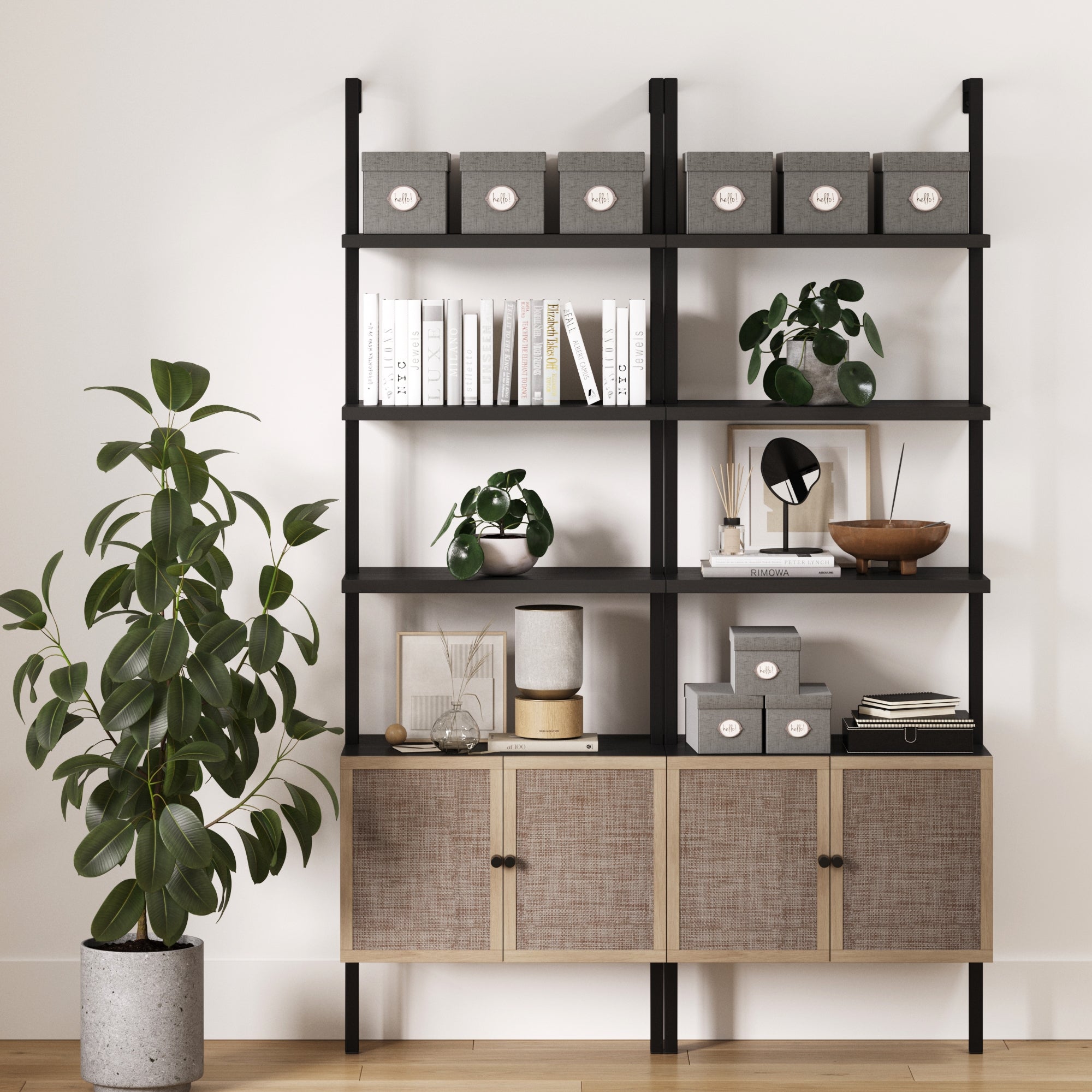 Rattan Ladder Wall Bookshelves with Doors Black (Set of 2) - Nathan James
