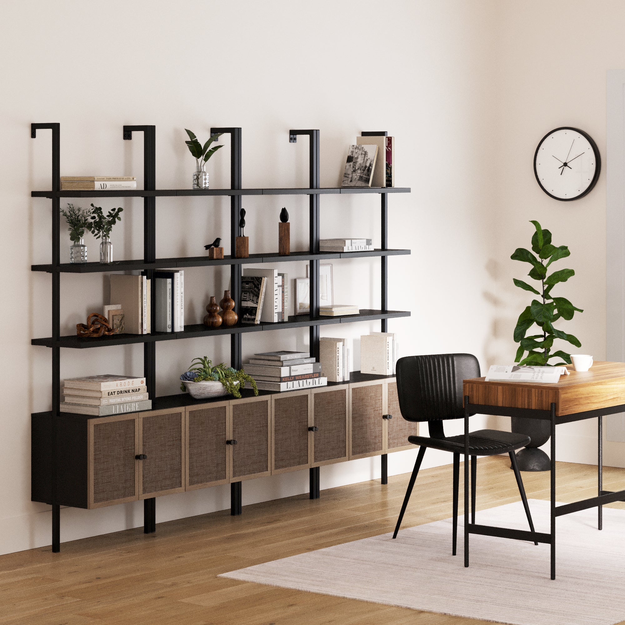 Rattan Ladder Wall Bookshelves with Doors Black (Set of 4) - Nathan James