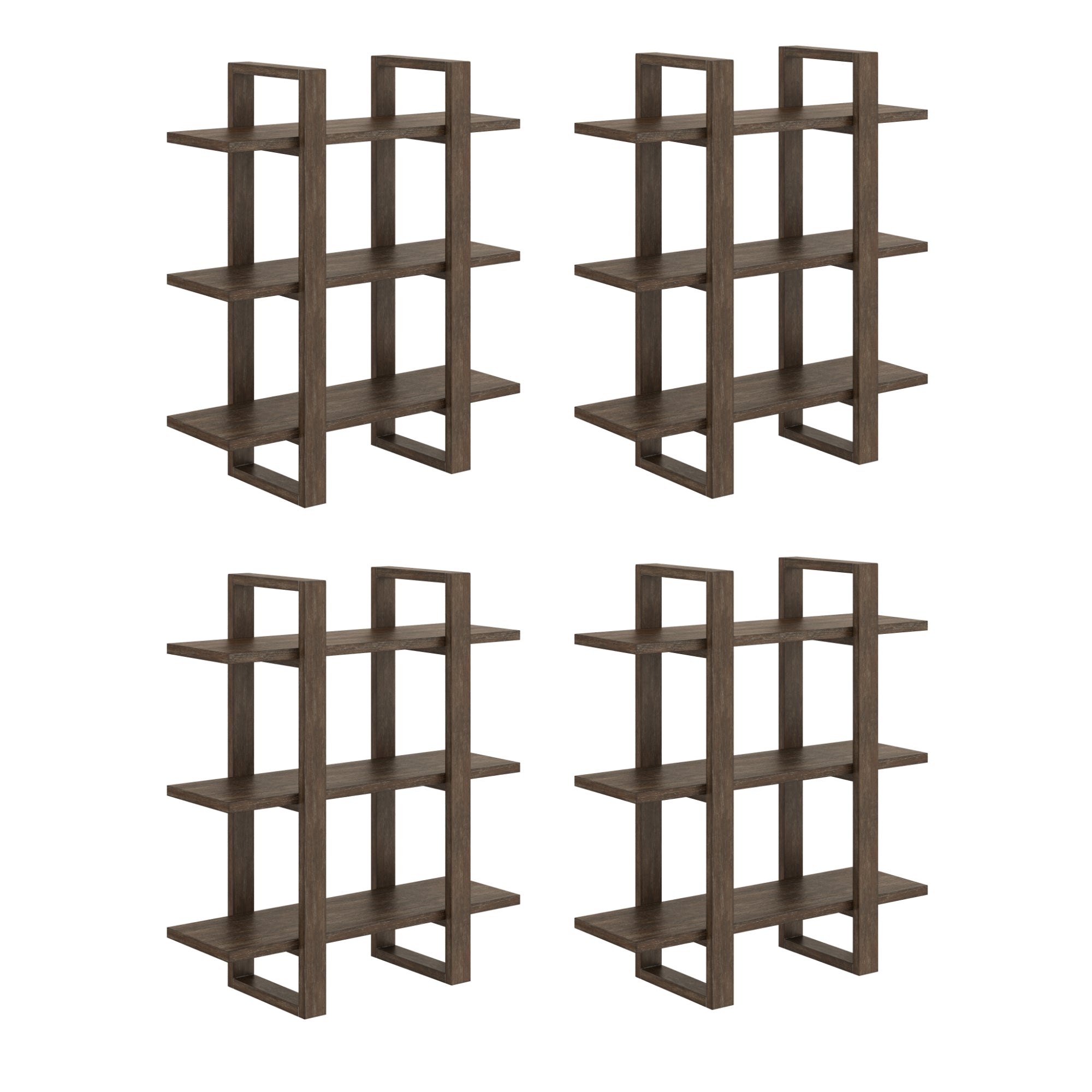 Four identical modern wooden bookshelves, each with three shelves and an open, geometric frame, are arranged in a 2x2 grid on a white background.