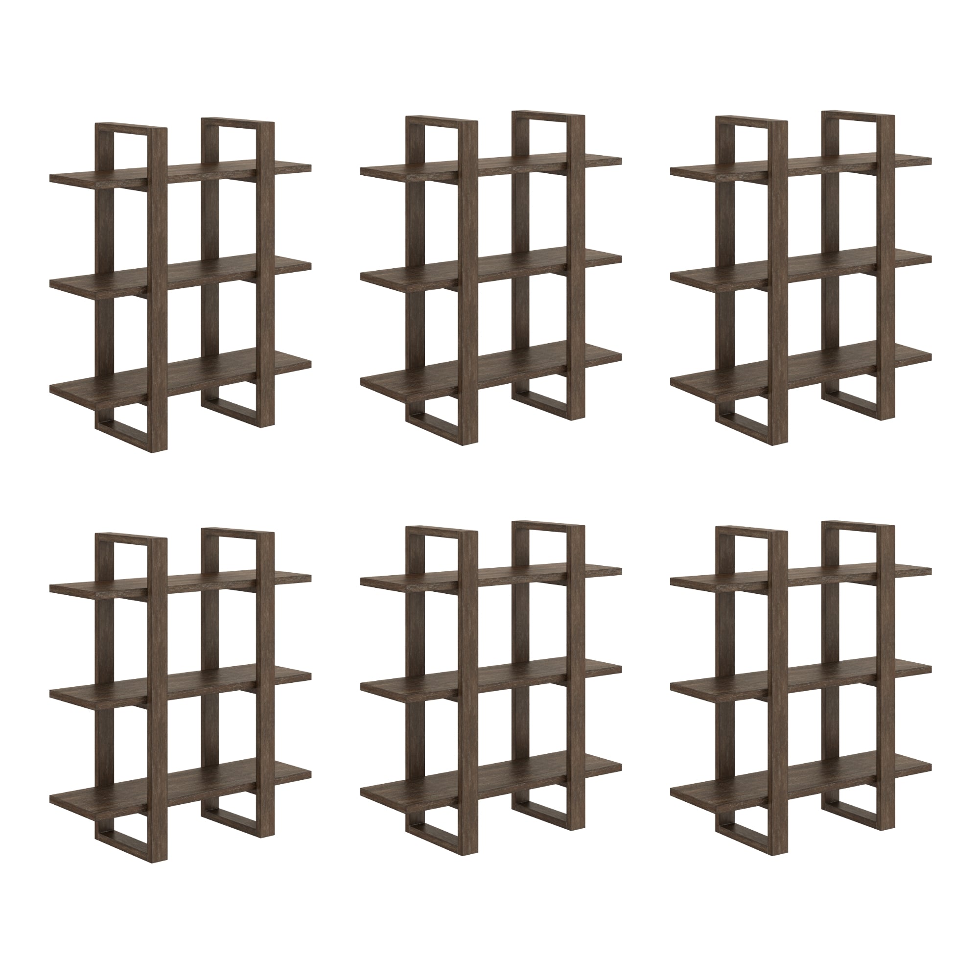 A set of six identical modern wooden bookshelves arranged in two rows of three, each with three shelves and an open rectangular frame design.