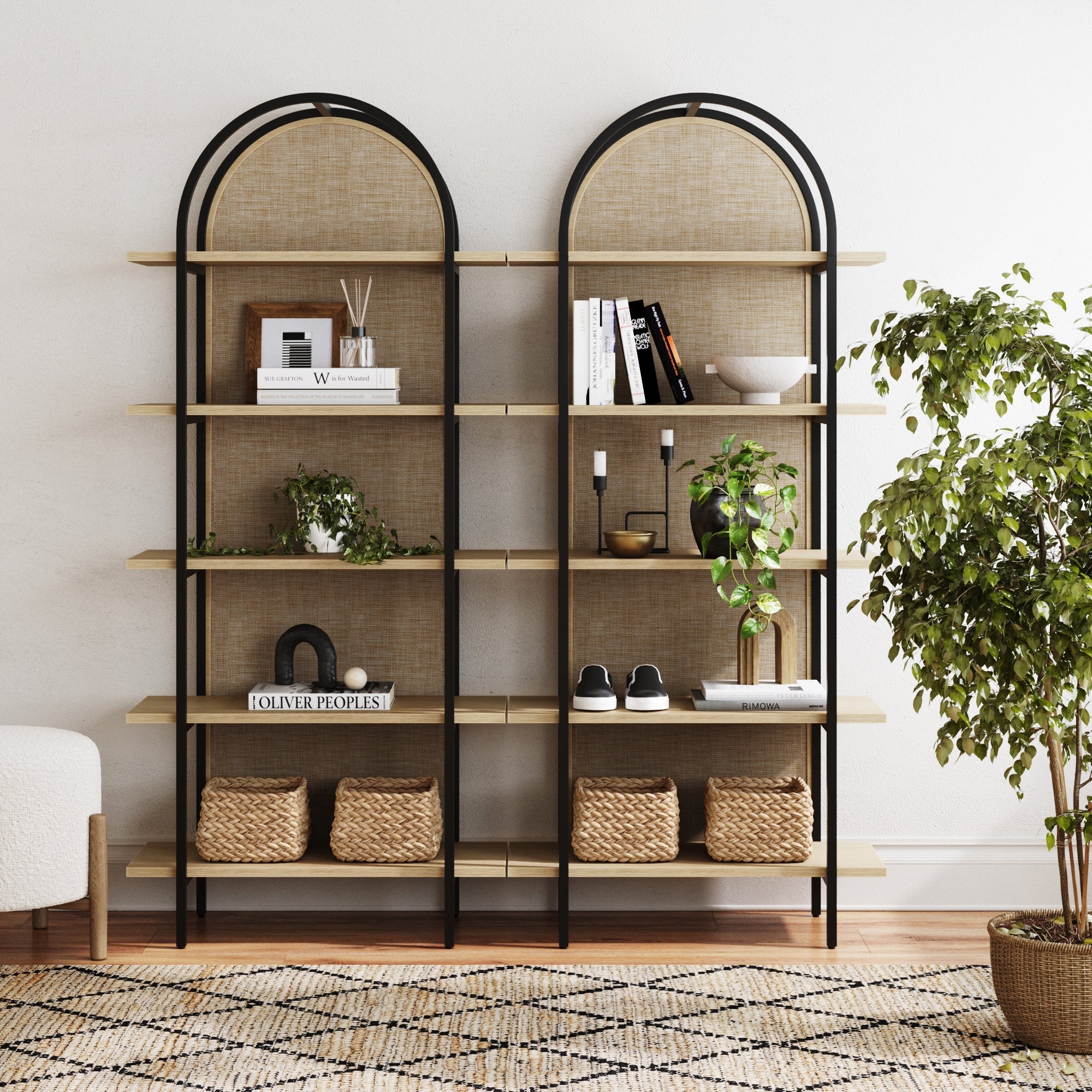 Boho Rattan & Wood Arched Bookshelves (Set of 2) - Nathan James