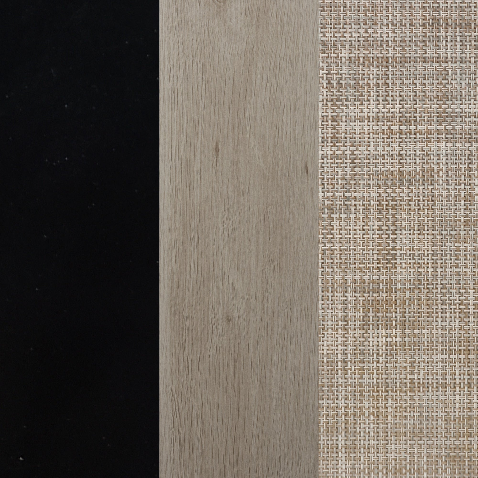 A surface divided into three vertical sections: solid black on the left, light wood grain in the center, and a beige woven fabric texture on the right.