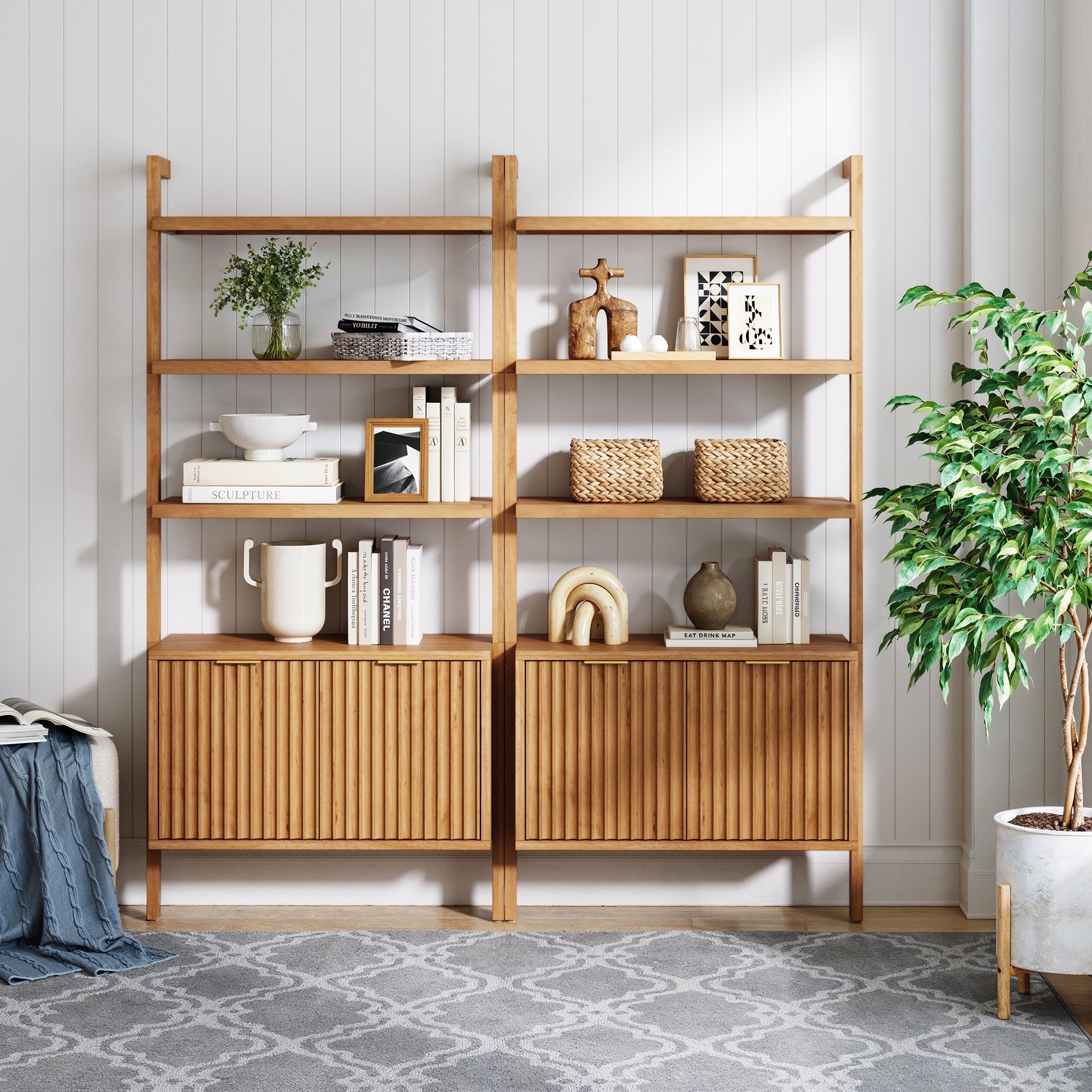 Mid - Century Fluted Wall Bookshelves with Doors Warm Pine (Set of 2) - Nathan James