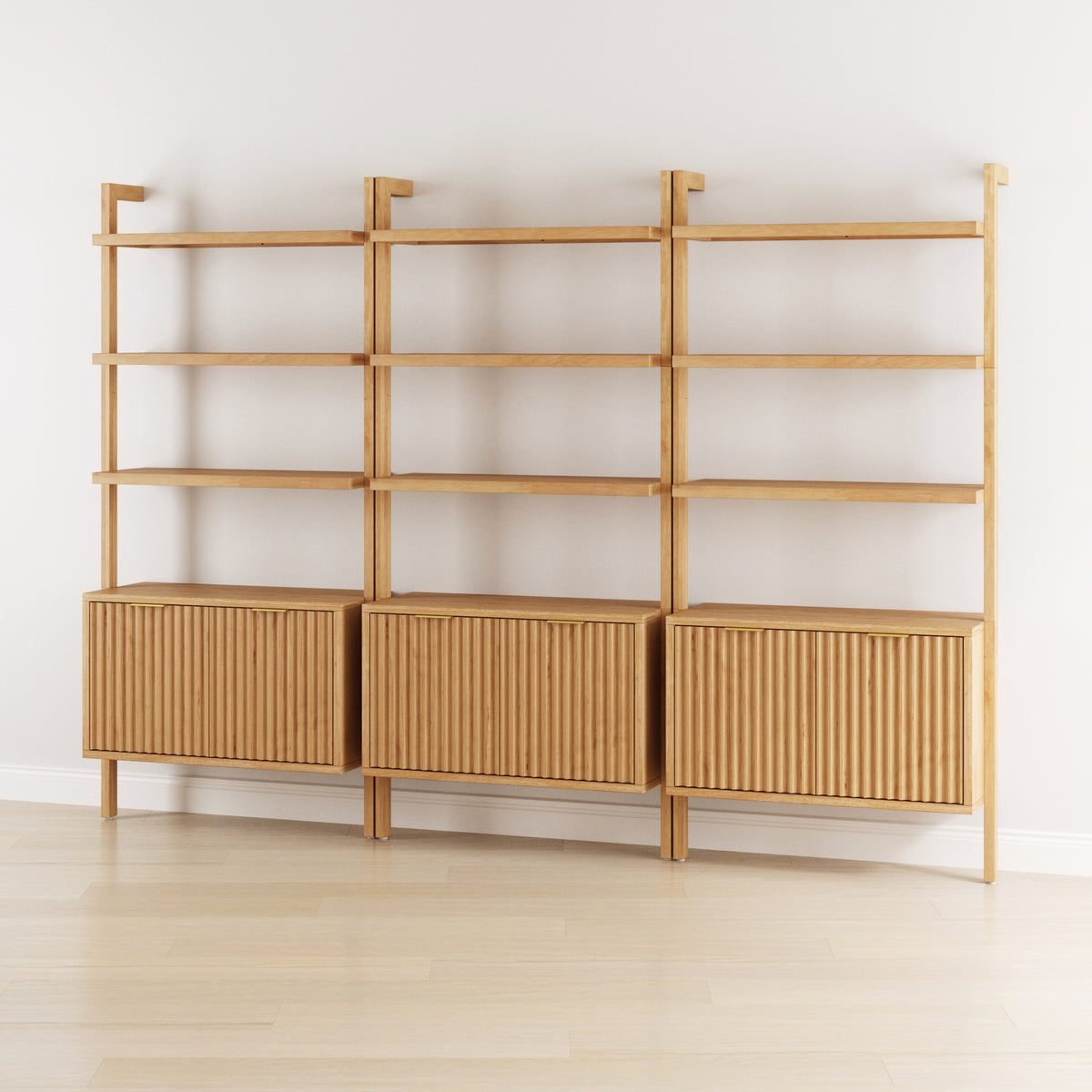 Mid-Century Fluted Wall Bookshelves with Doors Warm Pine (Set of 3) - Nathan James