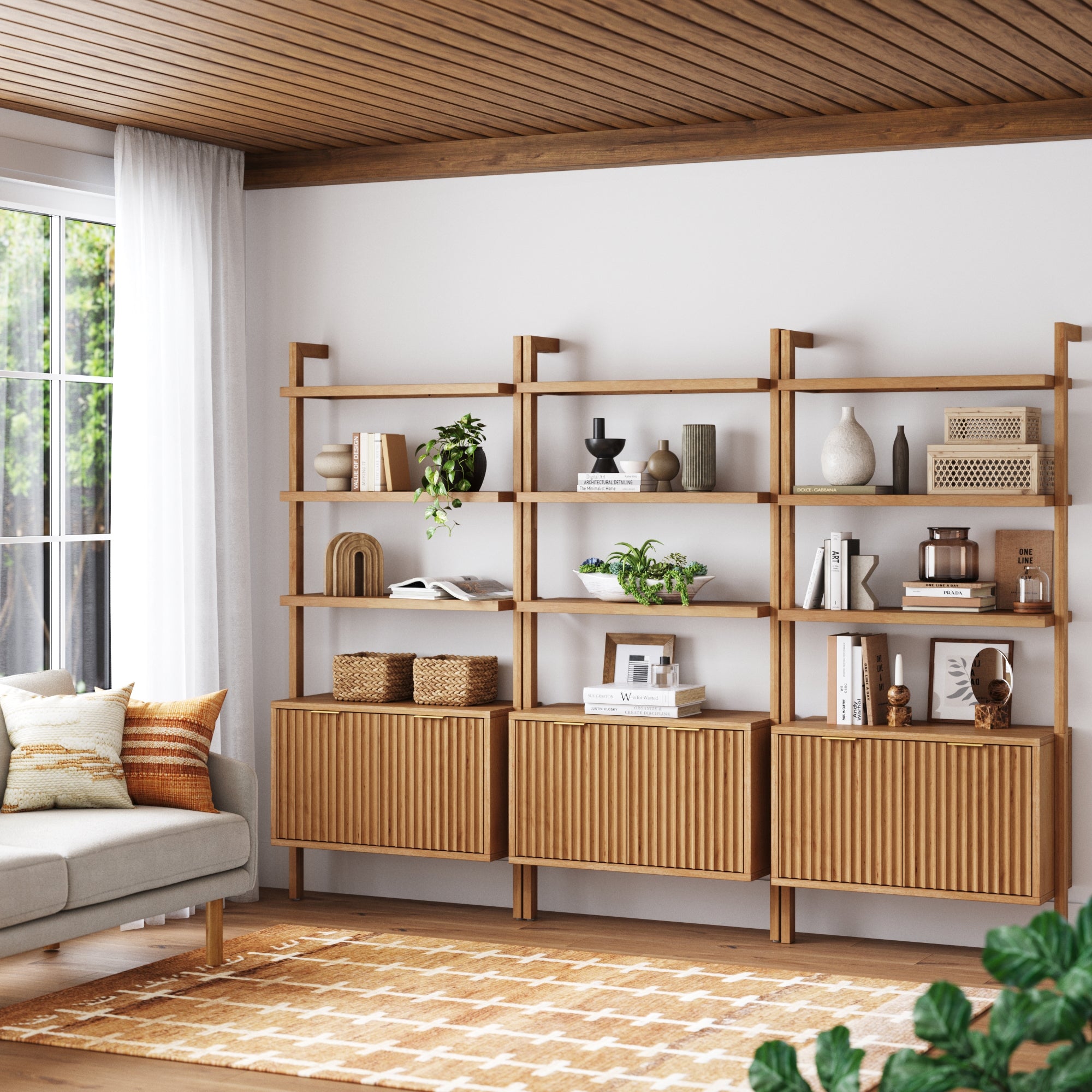 Mid - Century Fluted Wall Bookshelves with Doors Warm Pine (Set of 3) - Nathan James