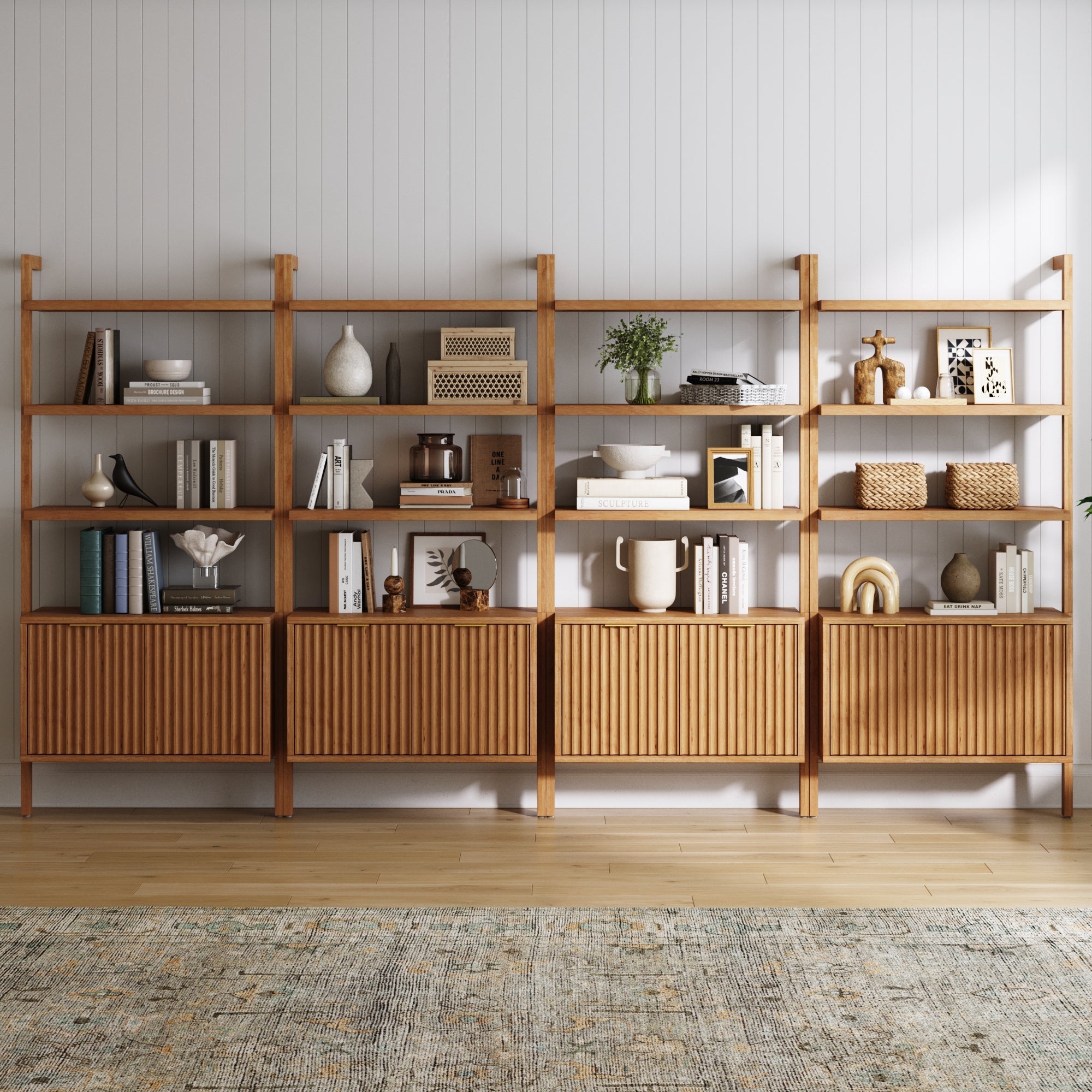 Mid - Century Fluted Wall Bookshelves with Doors Warm Pine (Set of 4) - Nathan James
