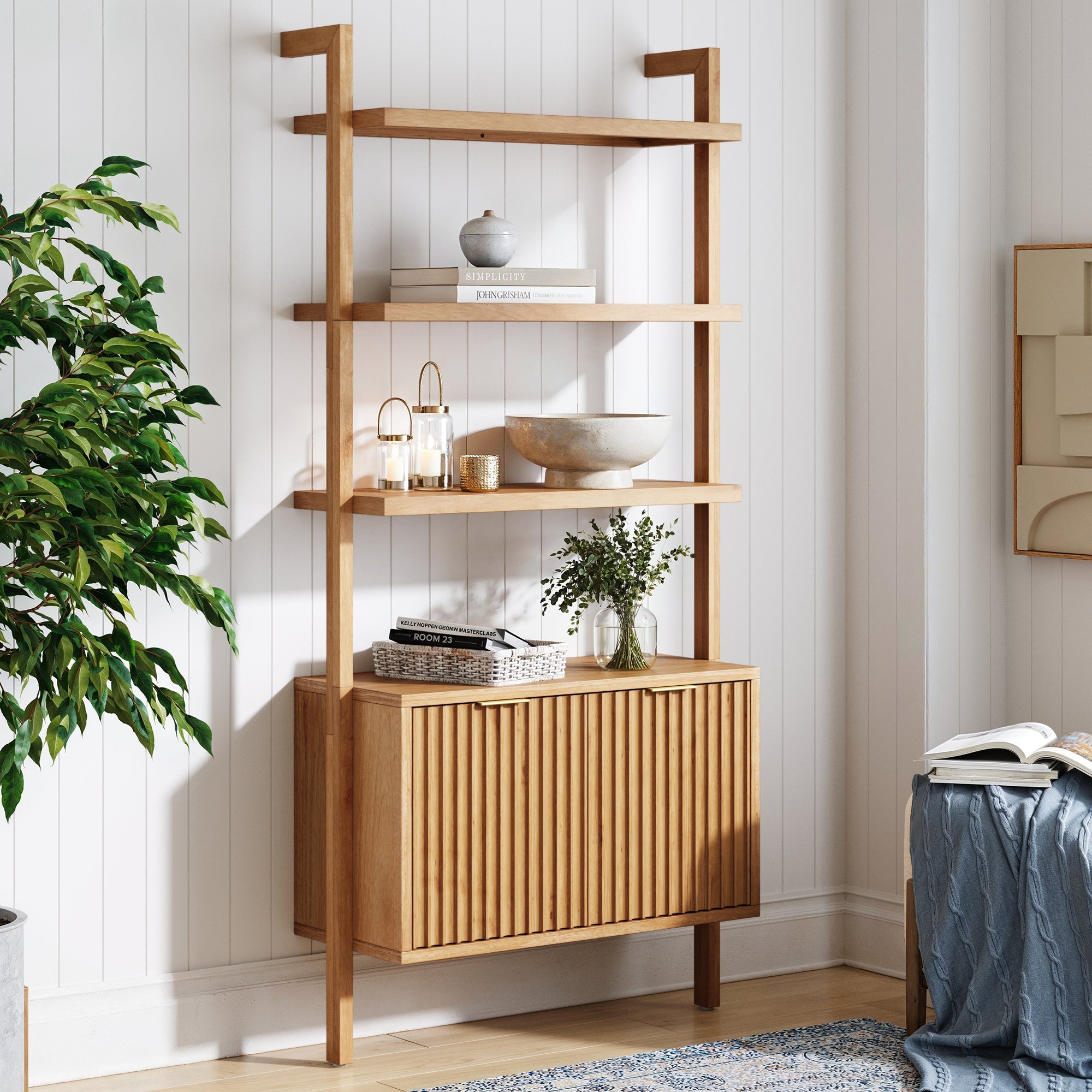 Mid - Century Fluted Wall Bookshelf with Doors Warm Pine - Nathan James