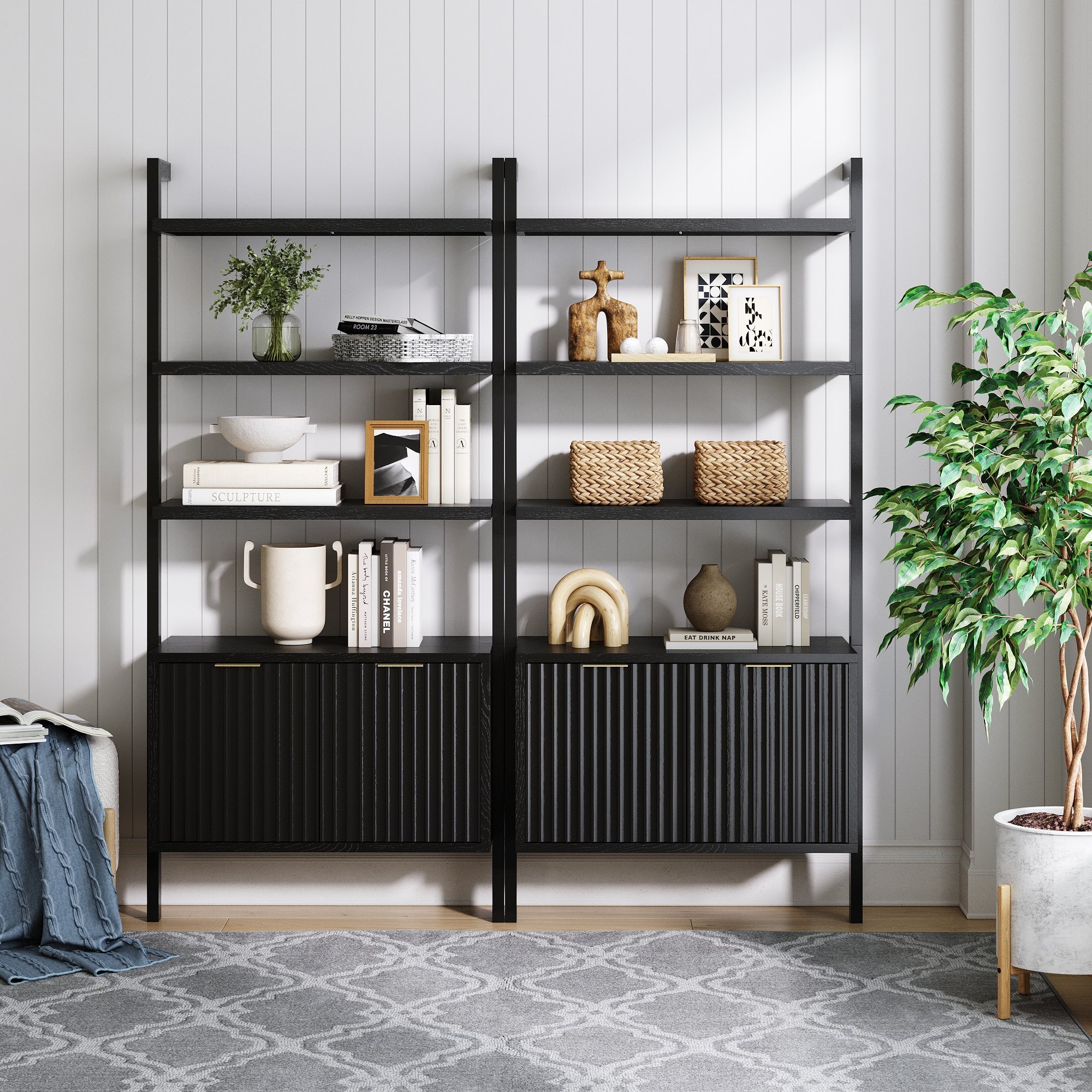 Mid - Century Fluted Wall Bookshelves with Doors Black (Set of 2) - Nathan James