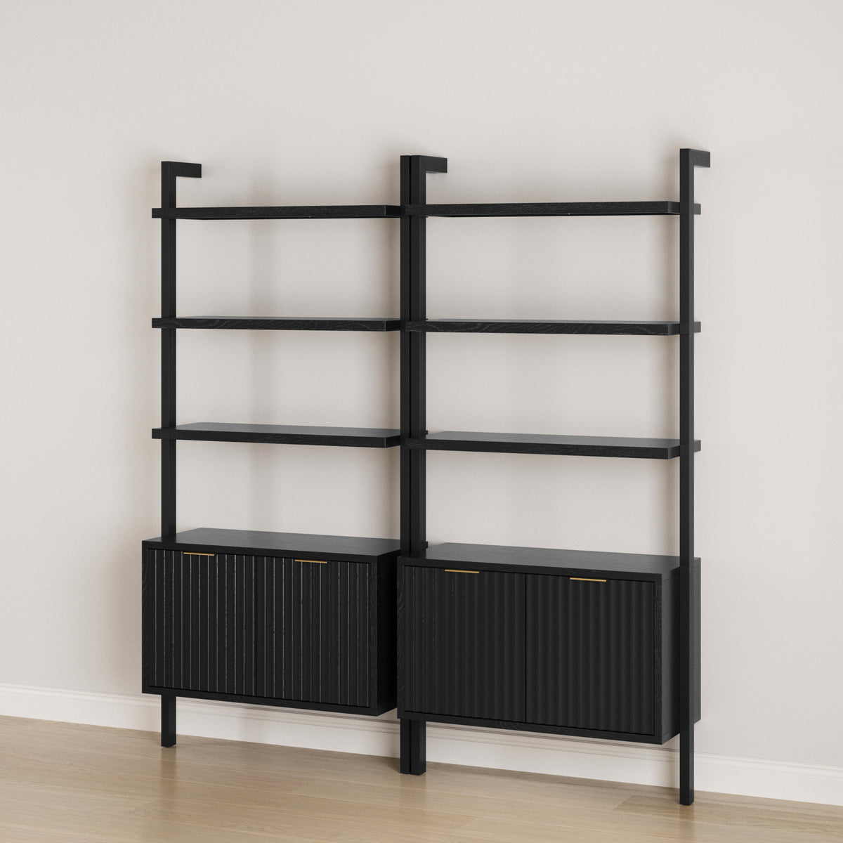 Mid-Century Fluted Wall Bookshelves with Doors Black (Set of 2) - Nathan James