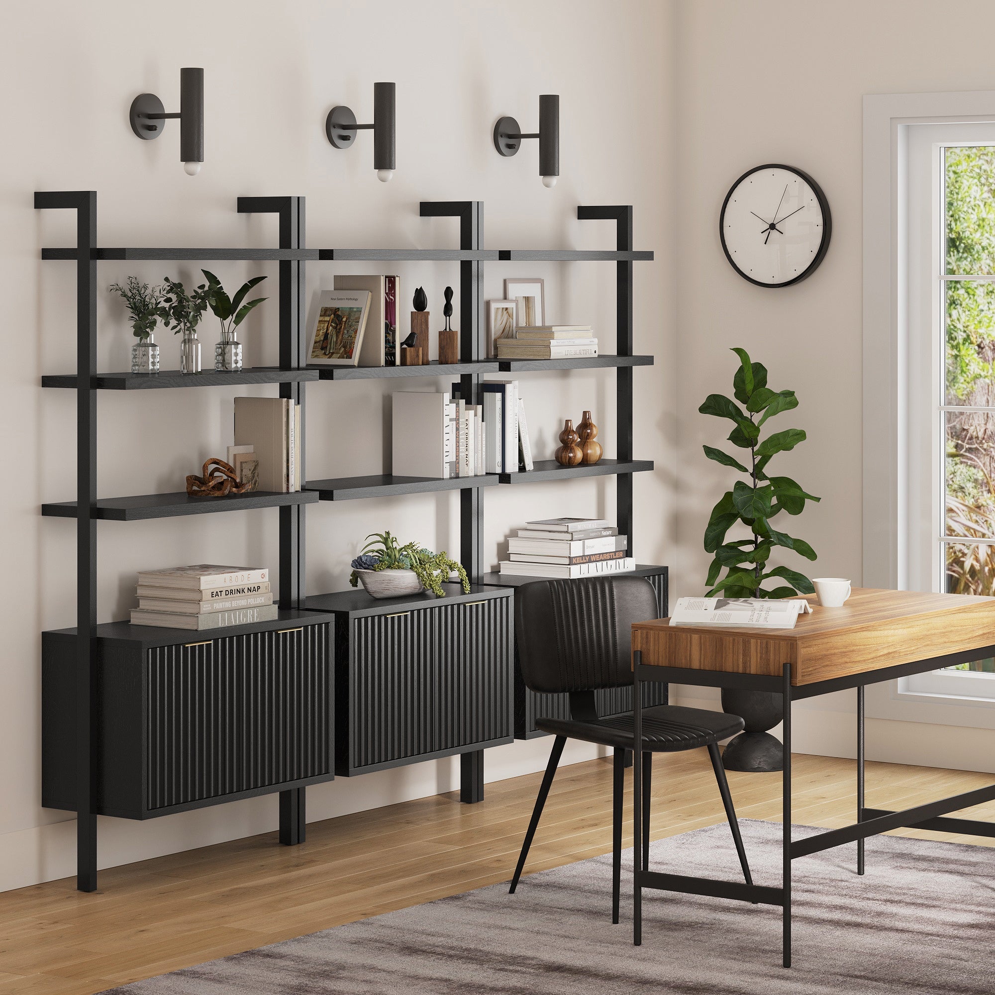Mid - Century Fluted Wall Bookshelves with Doors Black (Set of 3) - Nathan James