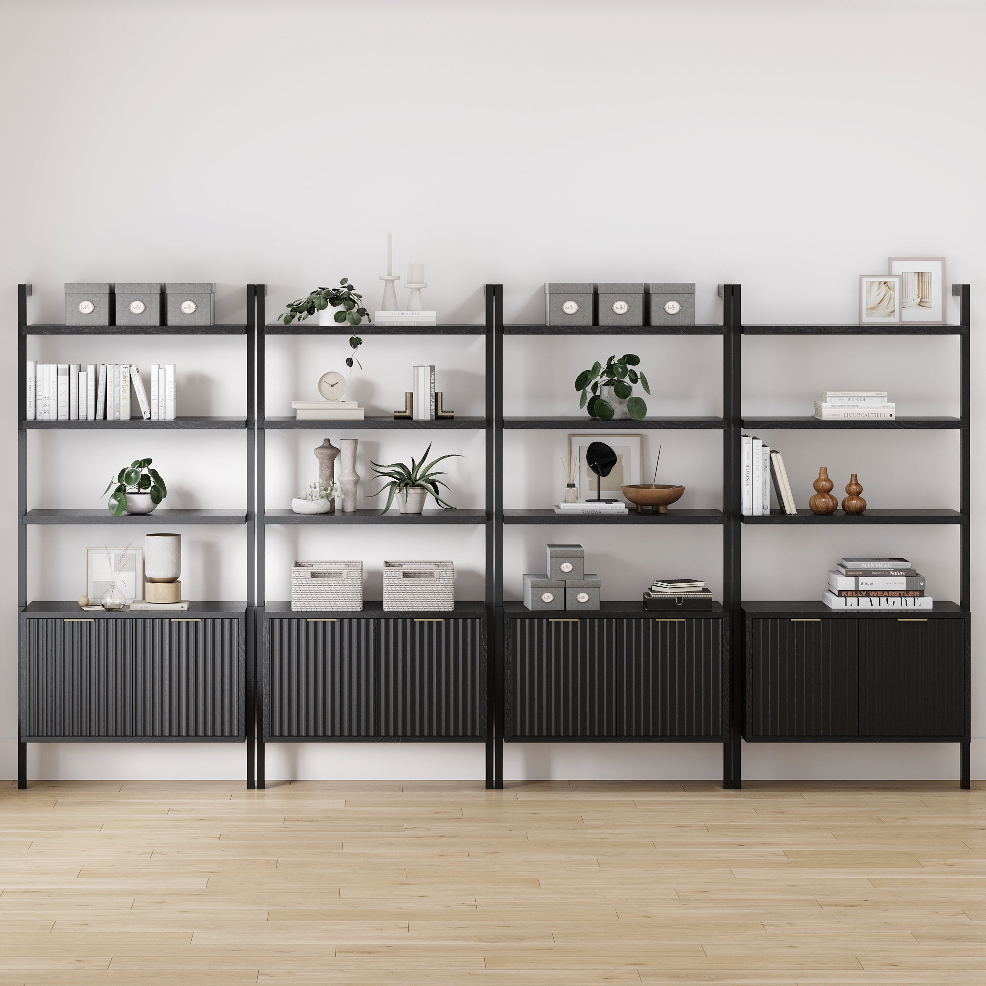 Mid - Century Fluted Wall Bookshelves with Doors Black (Set of 4) - Nathan James