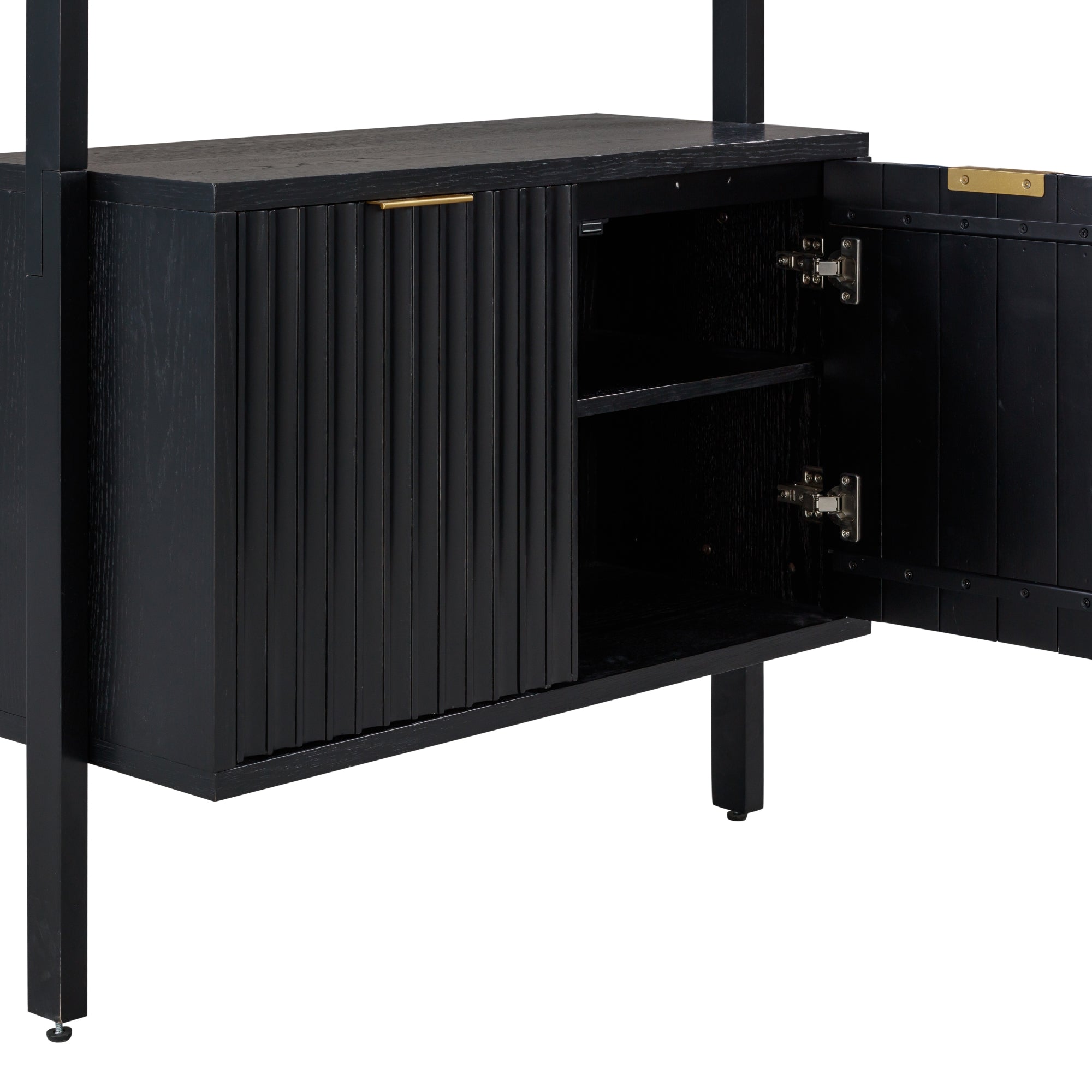 A modern black wooden cabinet with vertical grooves on the left door, a gold handle, and an open right door revealing two interior shelves.