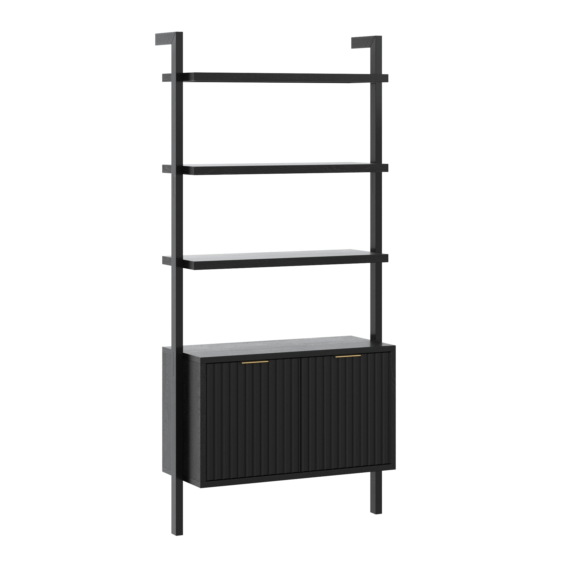 A modern black shelving unit with three open shelves above and a closed cabinet with two doors below, featuring slim gold handles and a minimalist design.