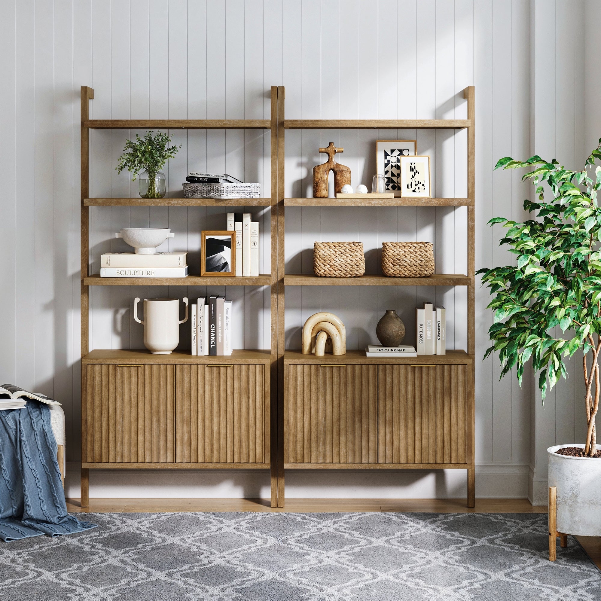Mid - Century Fluted Wall Bookshelves with Doors Light Brown (Set of 2) - Nathan James