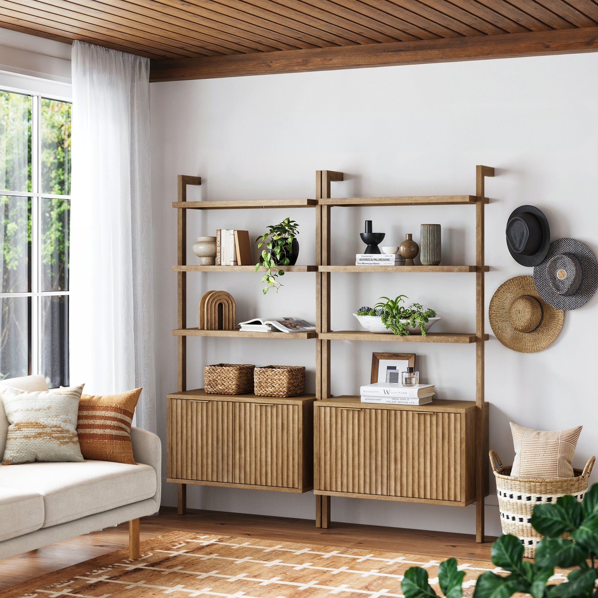 Mid - Century Fluted Wall Bookshelves with Doors Light Brown (Set of 2) - Nathan James