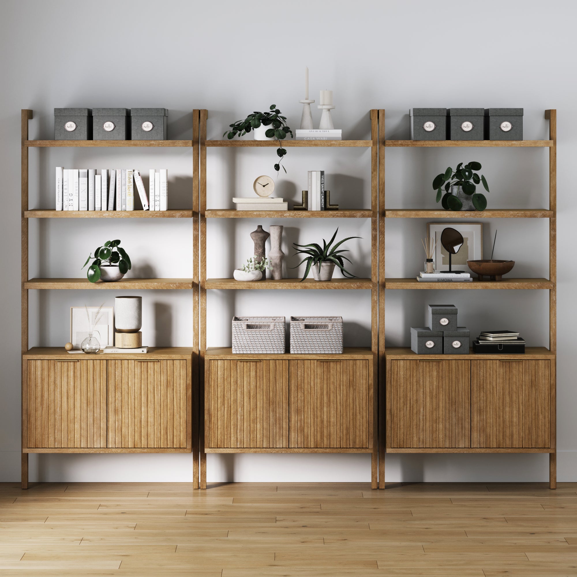 Mid - Century Fluted Wall Bookshelves with Doors Light Brown (Set of 3) - Nathan James