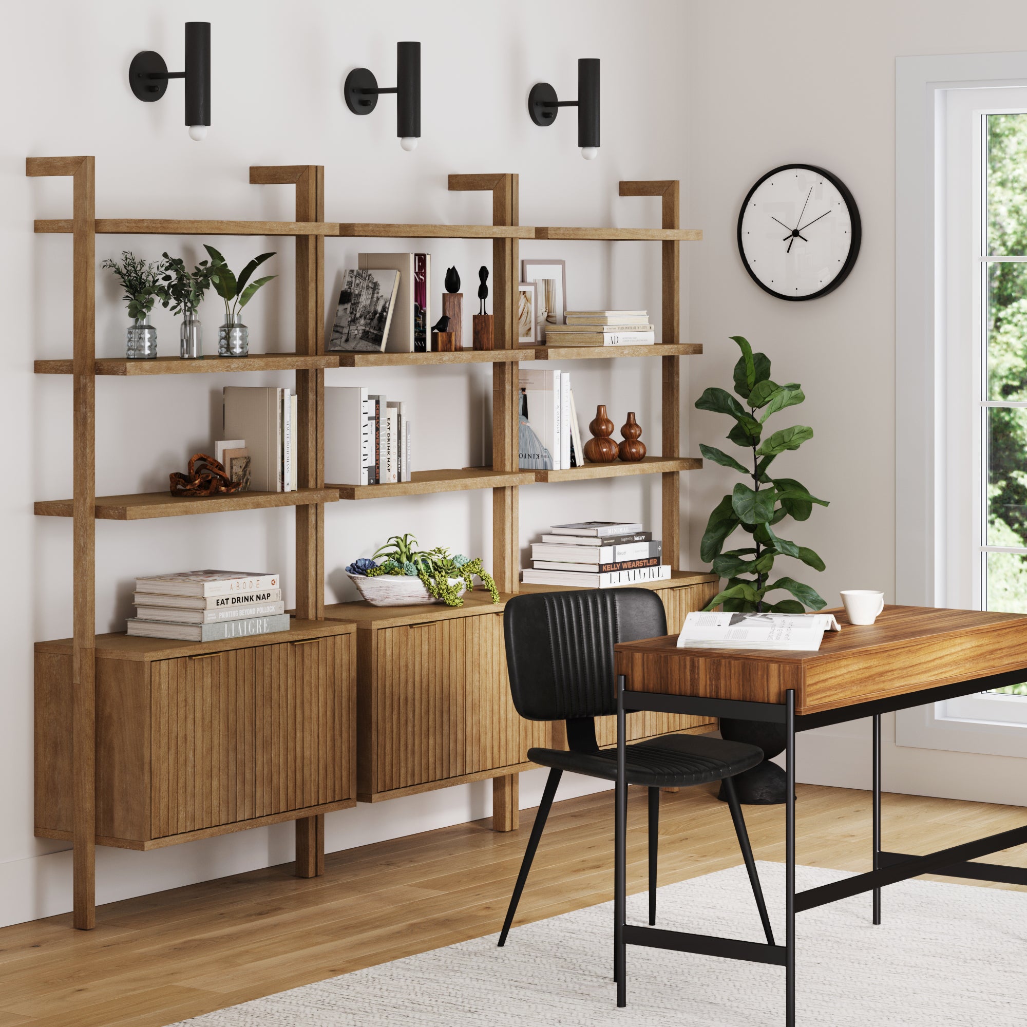 Mid - Century Fluted Wall Bookshelves with Doors Light Brown (Set of 3) - Nathan James