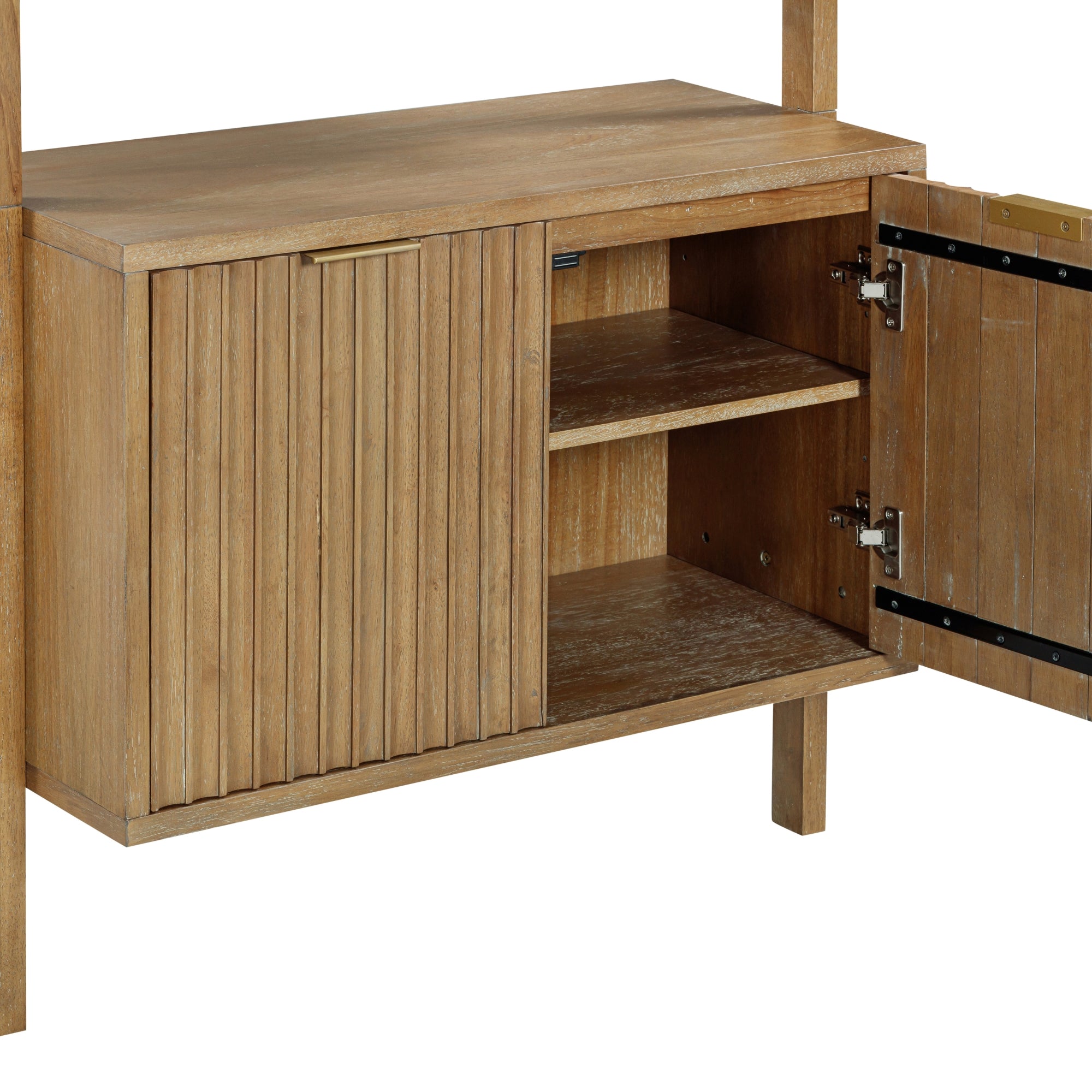 A wooden cabinet with a partially open door, showing two interior shelves. The cabinet features vertical grooves on the left door and a simple metal handle.