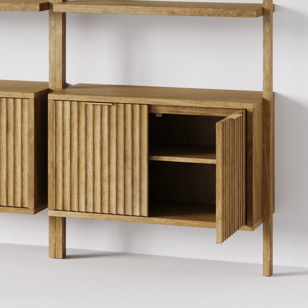 Wooden wall-mounted shelving unit featuring a cabinet with vertically ribbed doors, one of which is partially open to show an interior shelf.