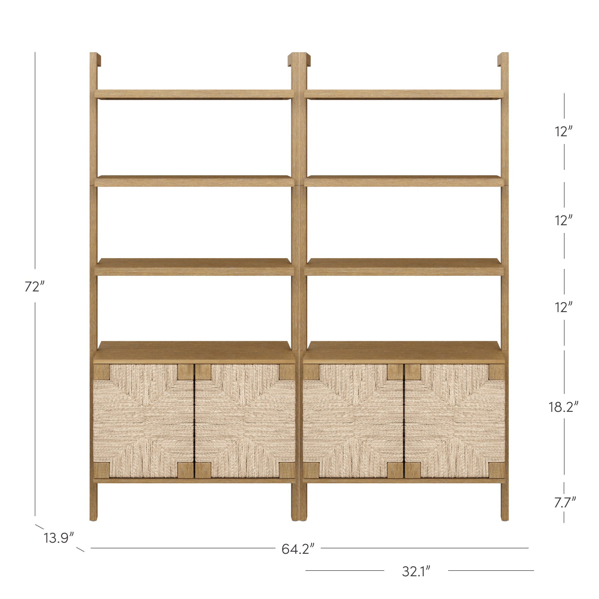 A wooden shelving unit with two columns of open shelves above closed cabinets with textured doors; dimensions are labeled, including overall height 72, width 64.2, and individual shelf heights of 12.