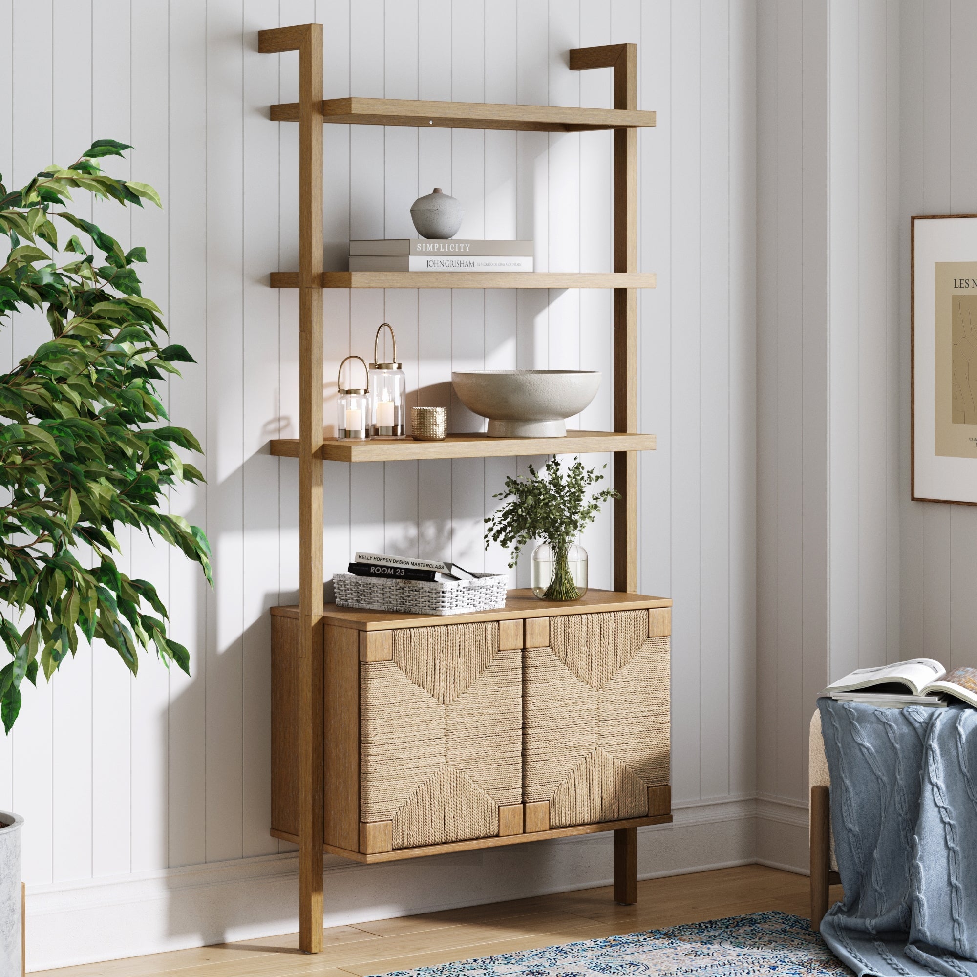 Seagrass Wall Bookshelf with Doors Light Brown - Nathan James