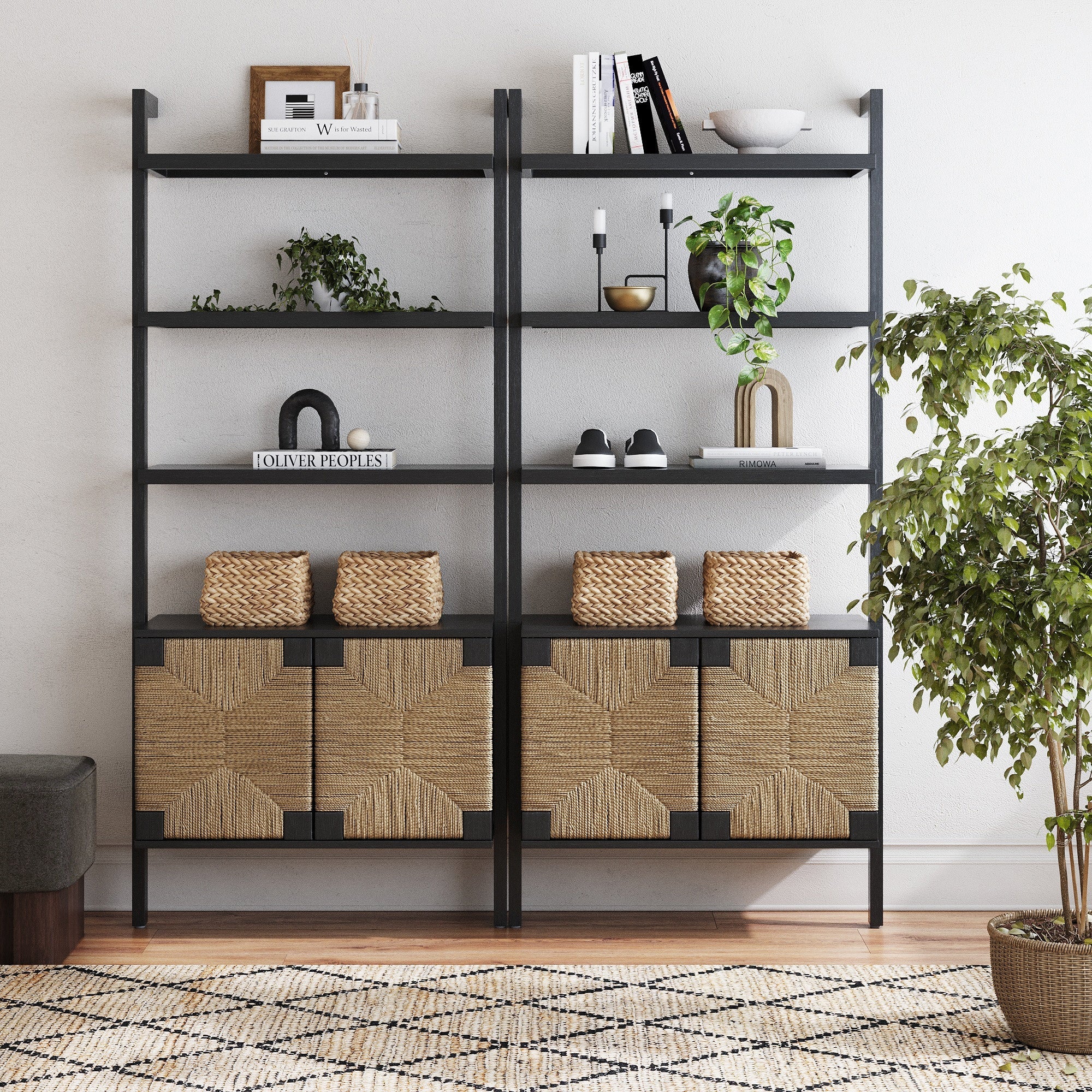 Seagrass Wall Bookshelves with Doors Black (Set of 2) - Nathan James