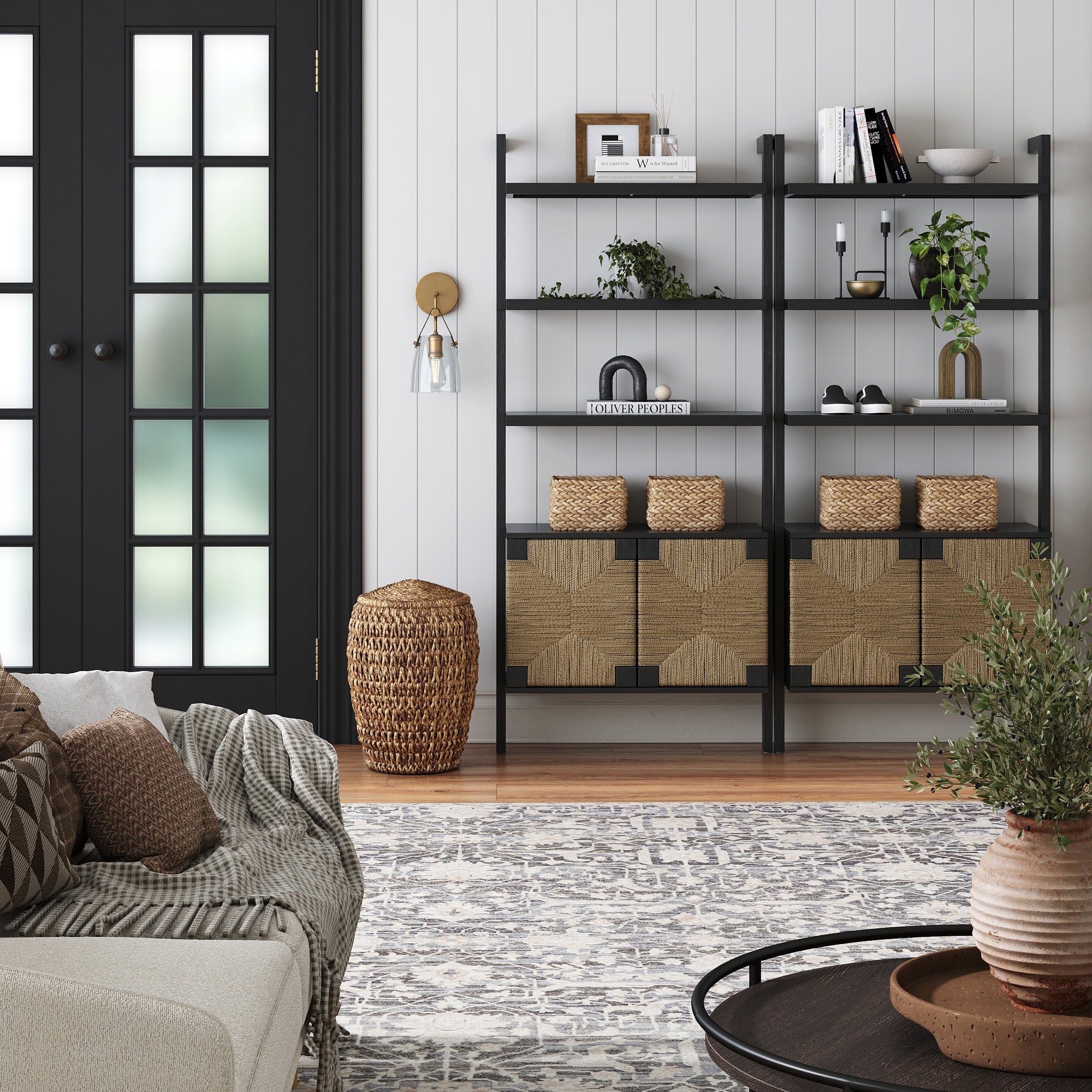 Seagrass Wall Bookshelves with Doors Black (Set of 2) - Nathan James